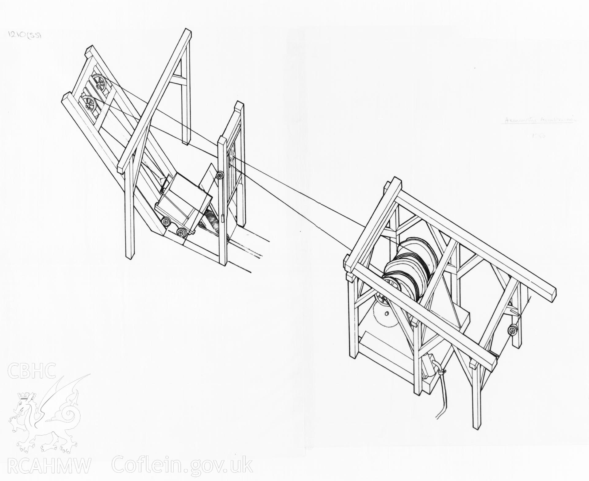 RCAHMW drawing showing axonometric reconstruction of Gwynfynydd Gold Mine.