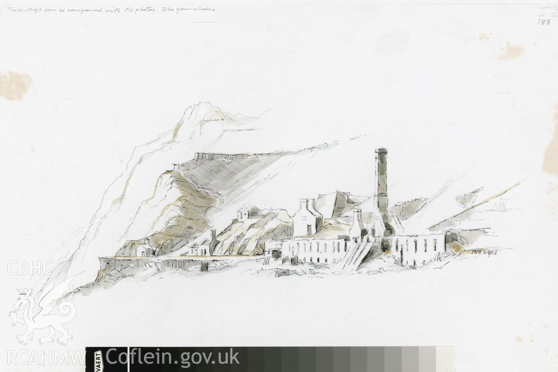 Holland's Level - Mill looking towards Garreg Flaen Llyn: (pencil, ink and watercolour) drawing.