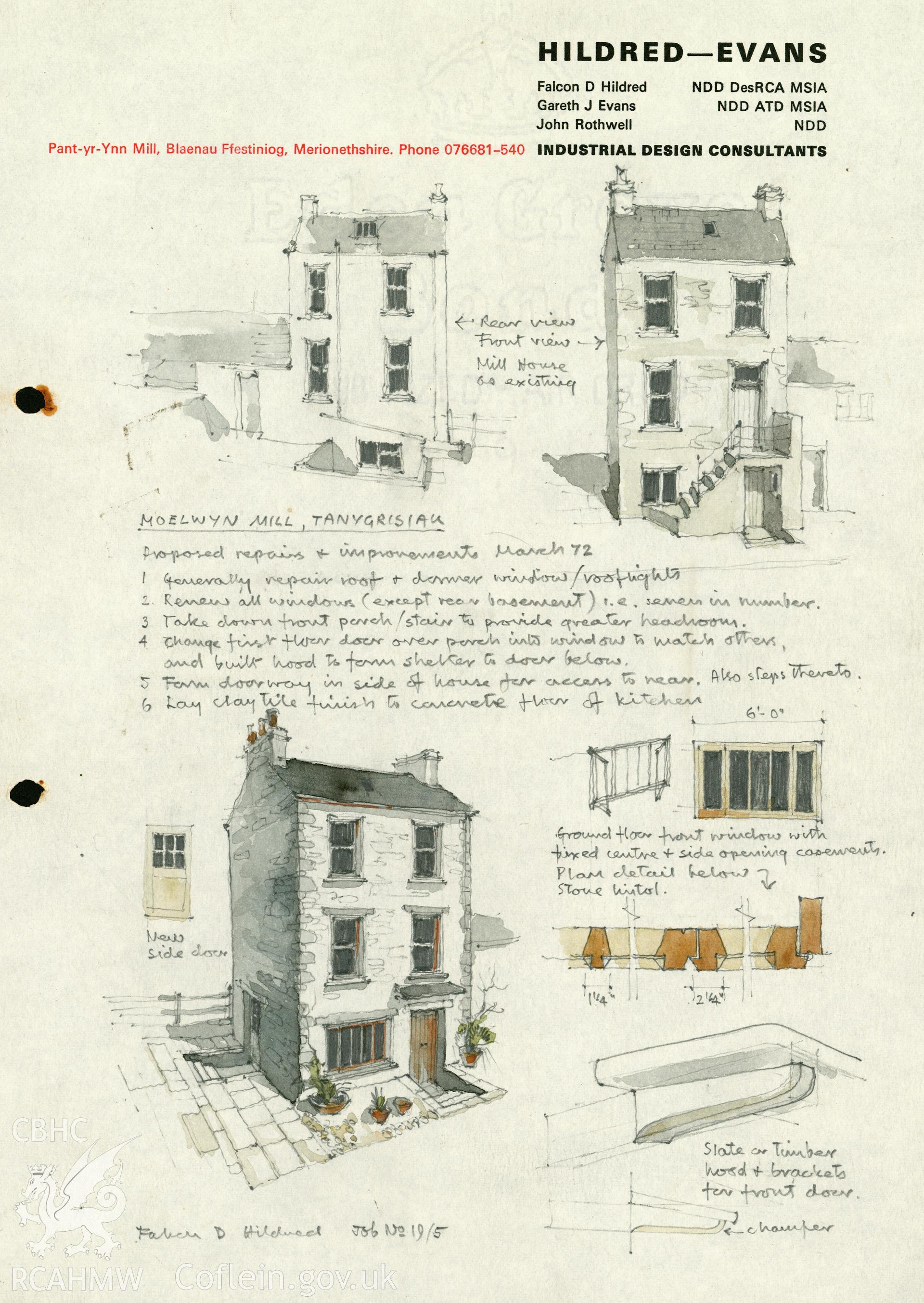 Moelwyn Mill: (pencil and watercolour) design, showing part-conversion to flat.