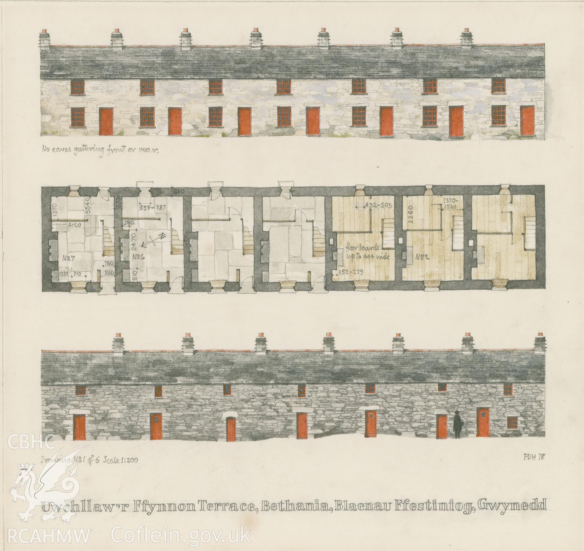 Uwchllaw'r Ffynnon - Plan and elevations: (pencil and watercolour) drawing.