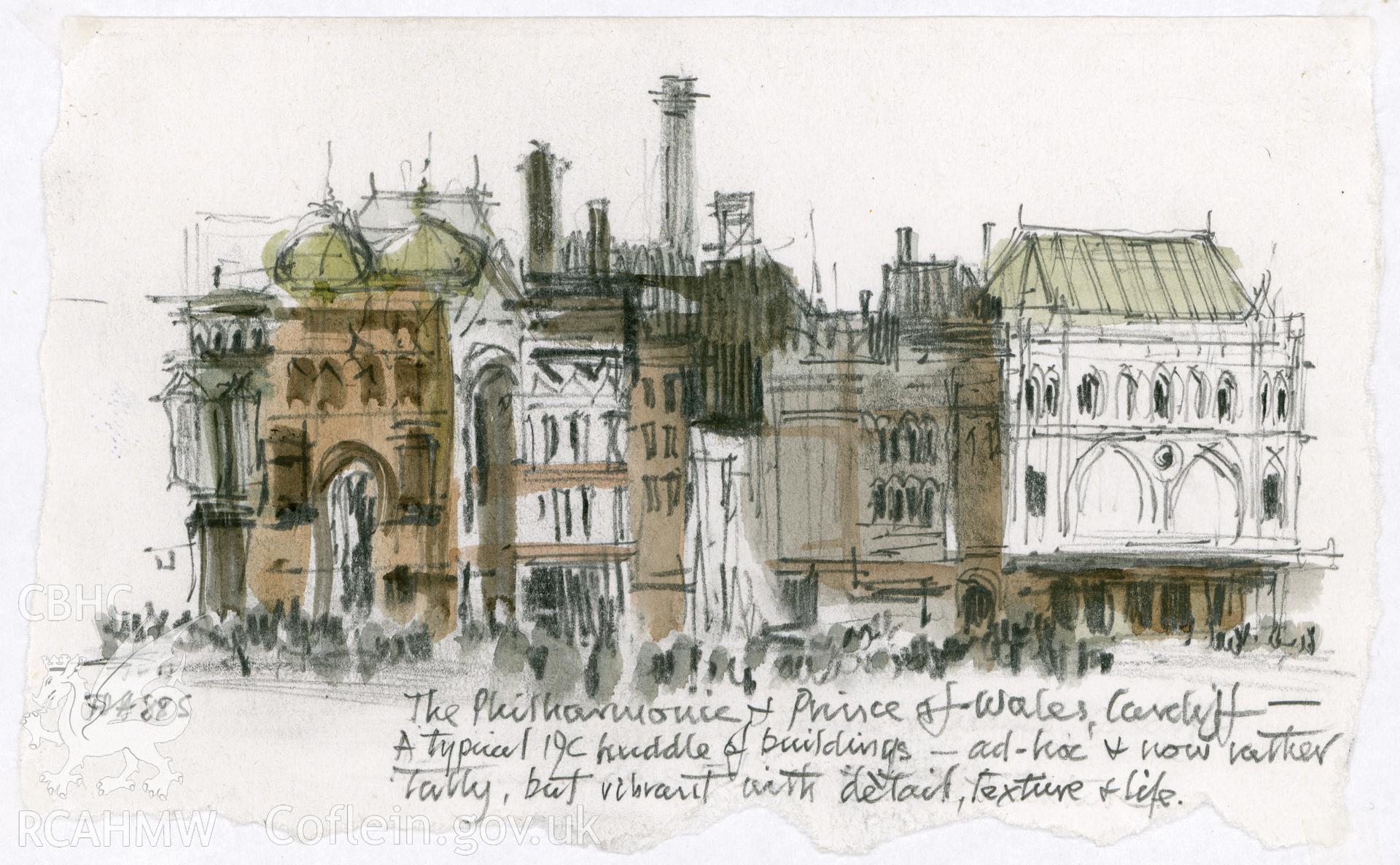 Prince of Wales Theatre and The Philharmonic, Cardiff: (pencil and watercolour) drawing.