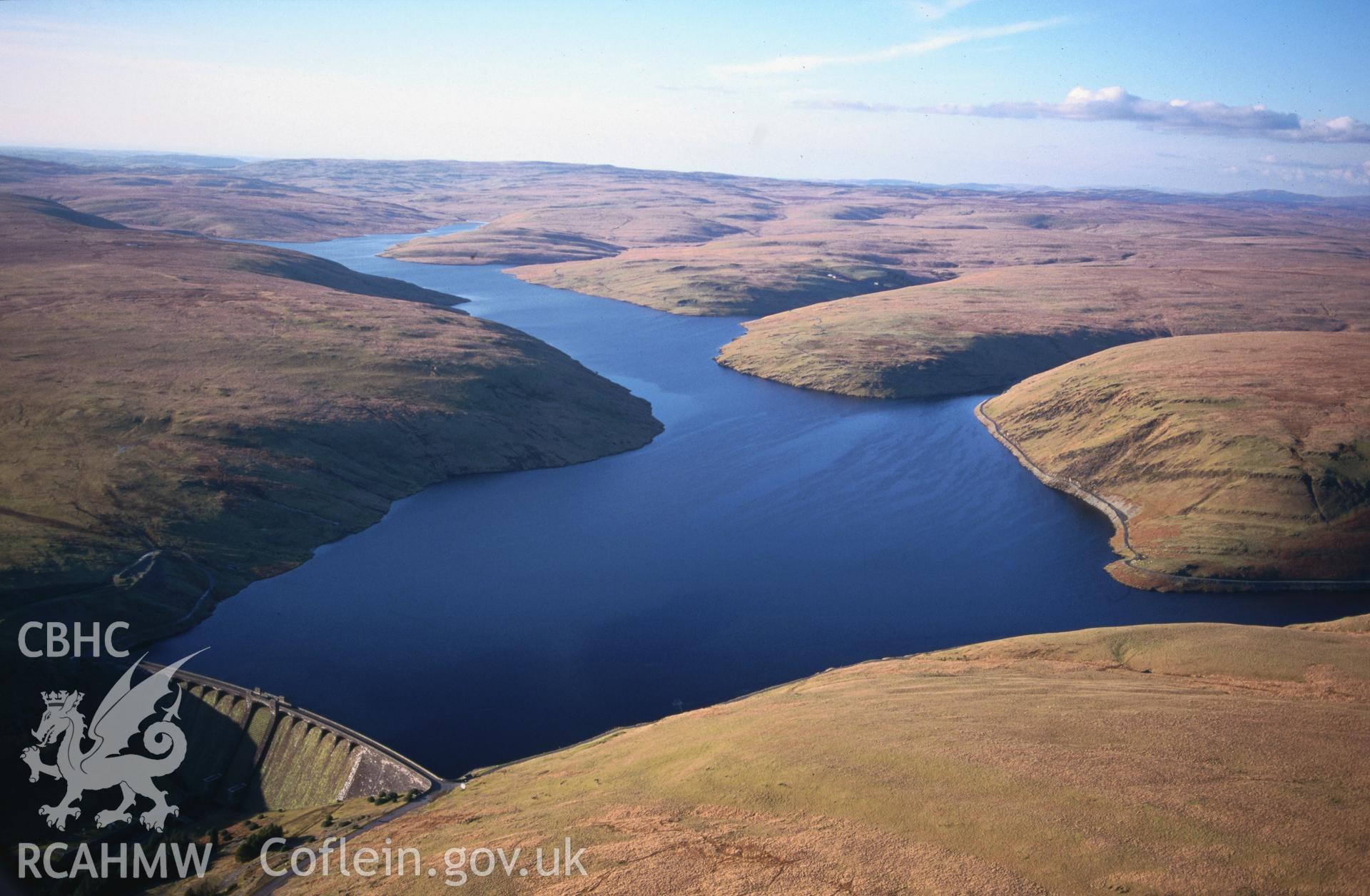 Slide of RCAHMW colour oblique aerial photograph of Claerwen Dam, taken by T.G. Driver, 9/2/2001.