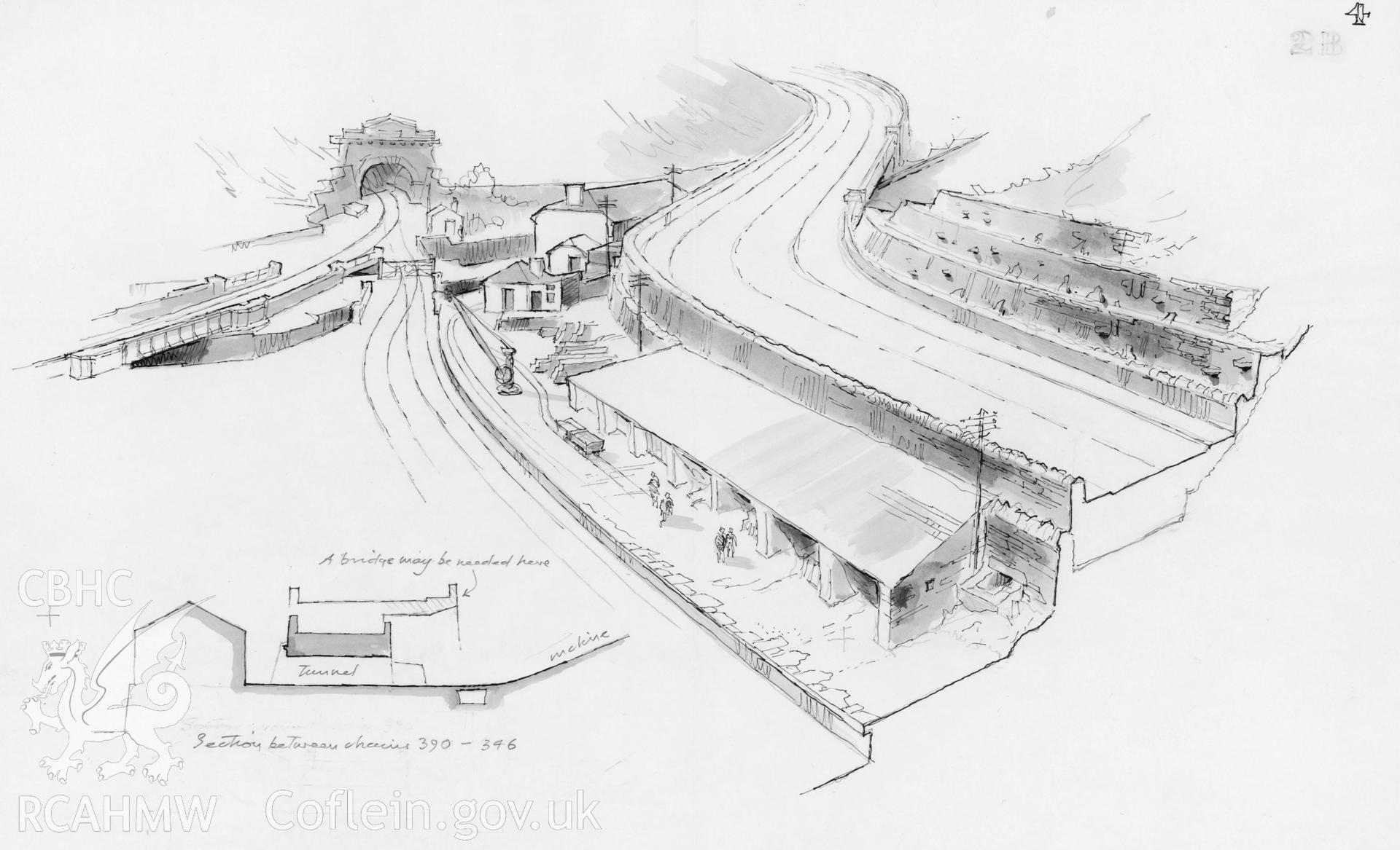 Llechwedd Quarry on the A470: (ink and watercolour) drawing of one of Falcon Hildred's 'alternatives'.