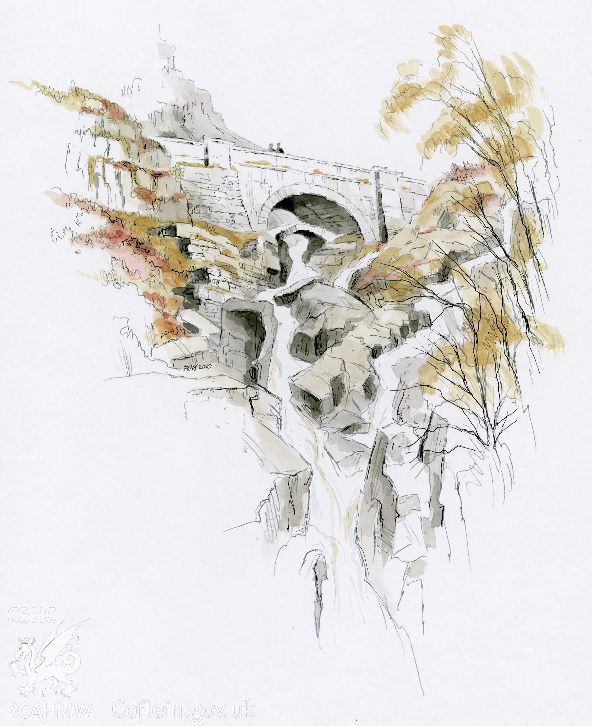 Bridges Over Ogwen Falls: (pencil, ink and watercolour) drawing.