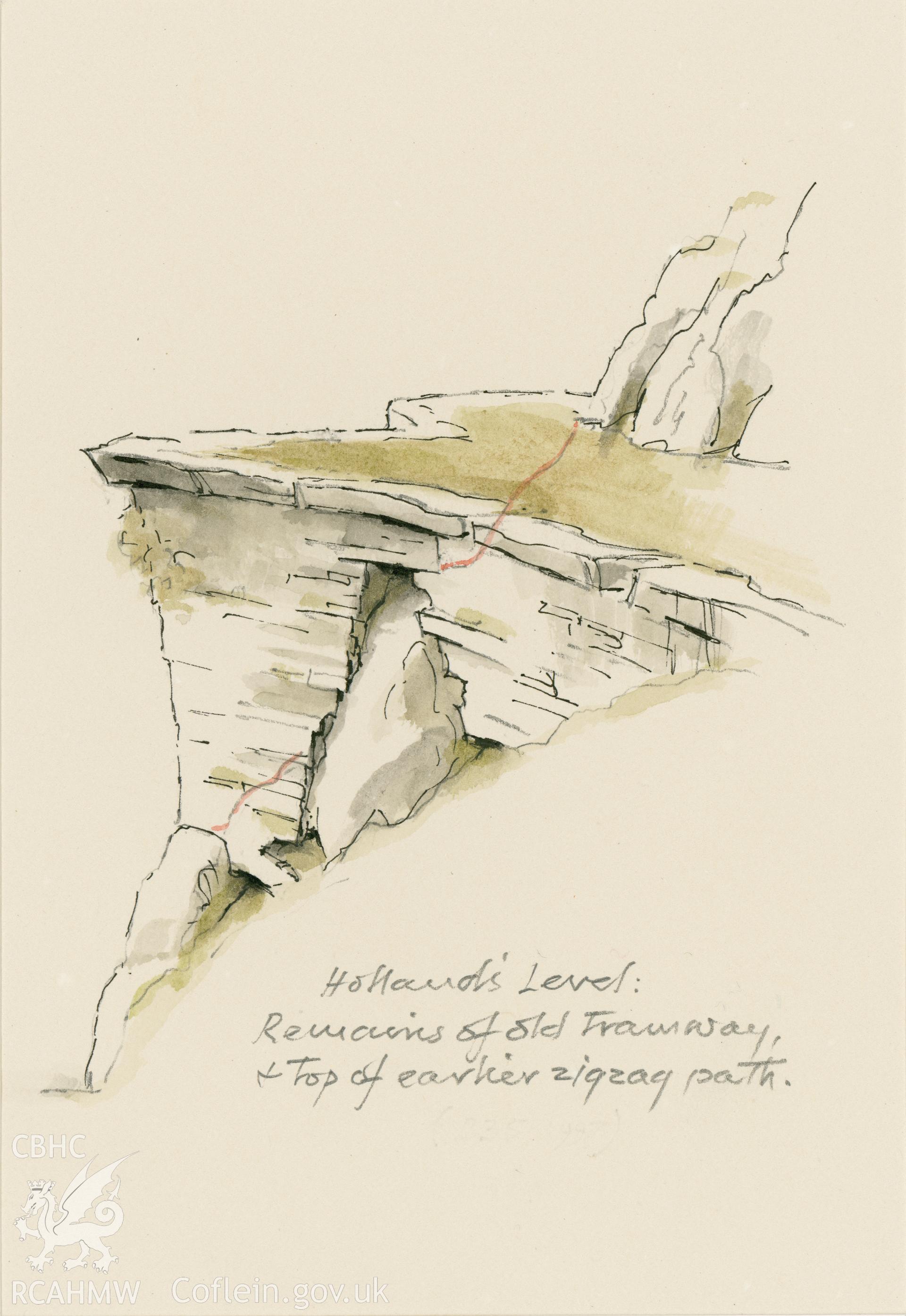 Holland's Level, showing tramway at top of zig-zag path: (pencil, ink and watercolour) drawing.