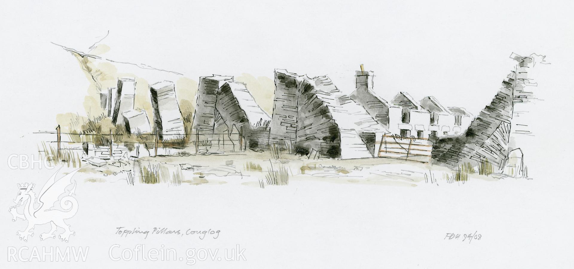 Toppling Pillars, Conlog: (pencil, ink and watercolour) drawing. Noted as part of the Hatherill Series: number 6 of 8.