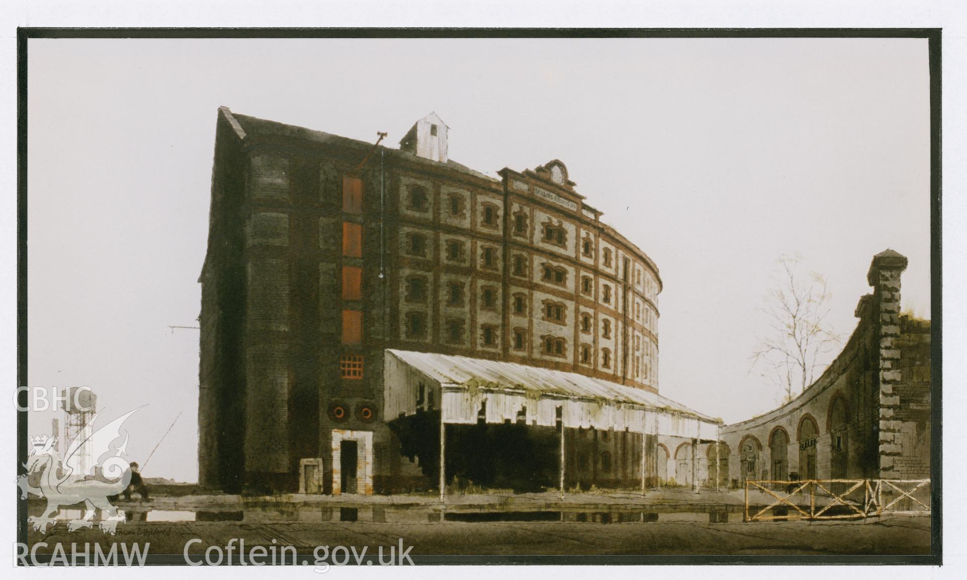 Spillers & Baker's curved warehouse: print of (ink and watercolour) finished drawing. Cardiff exhibition image, slide C86.