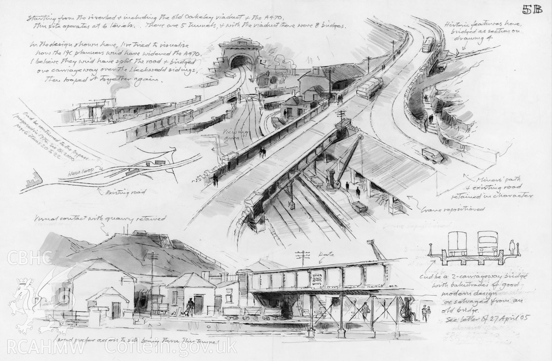 Llechwedd Quarry on the A470: (ink and watercolour) drawing of Falcon Hildred's 'proposed option for a bridge'.