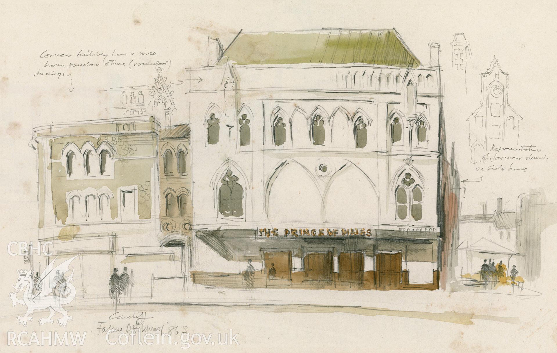 Prince of Wales Theatre, Cardiff: (pencil and watercolour) site sketch.