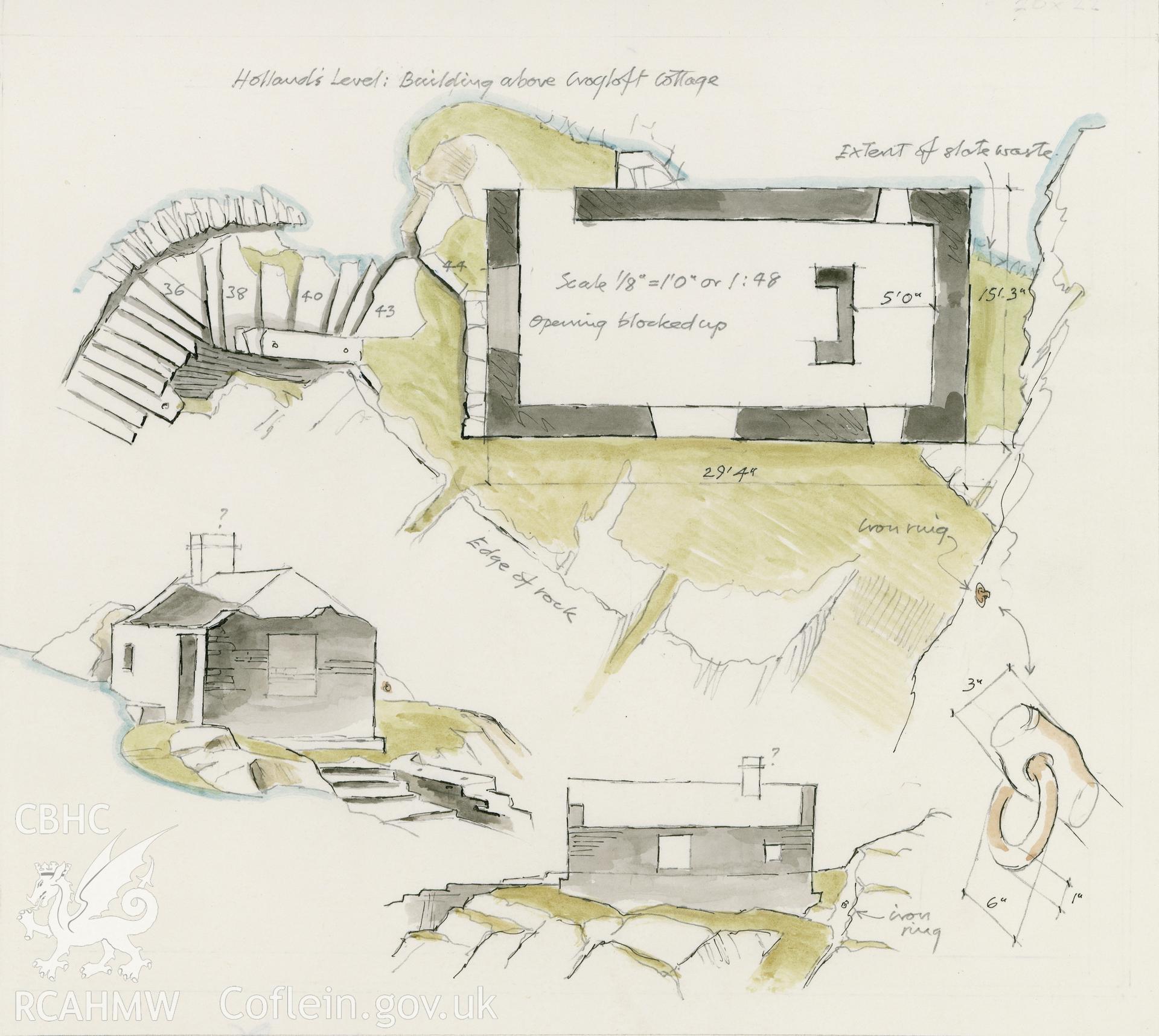 Holland's Level, showing building above Crogloft Cottage: (pencil, ink and watercolour) drawing.