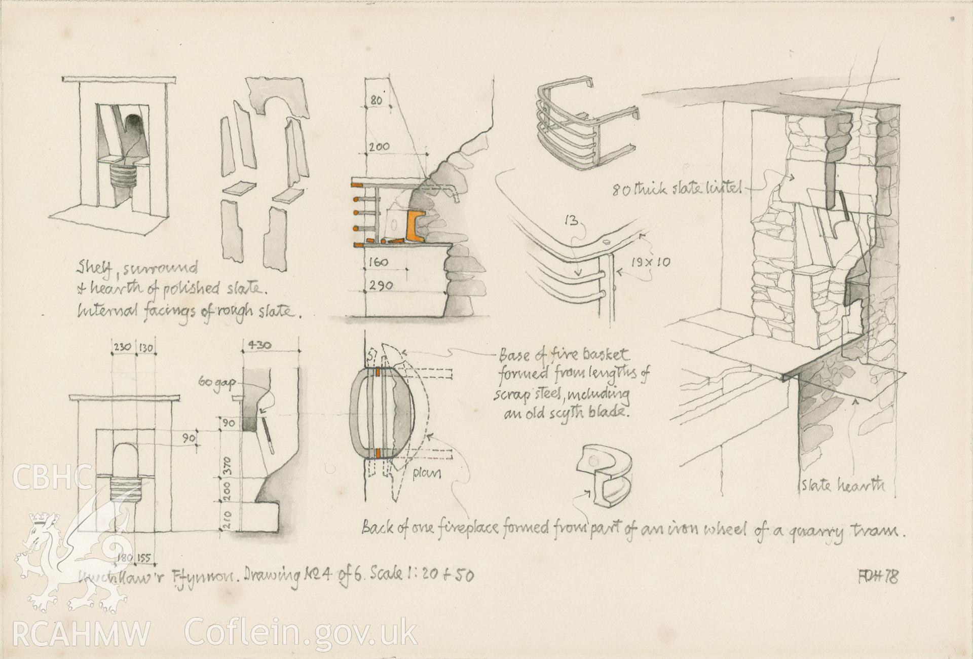 Uwchllaw'r Ffynnon - Details of fireplace: (pencil and watercolour) drawing.