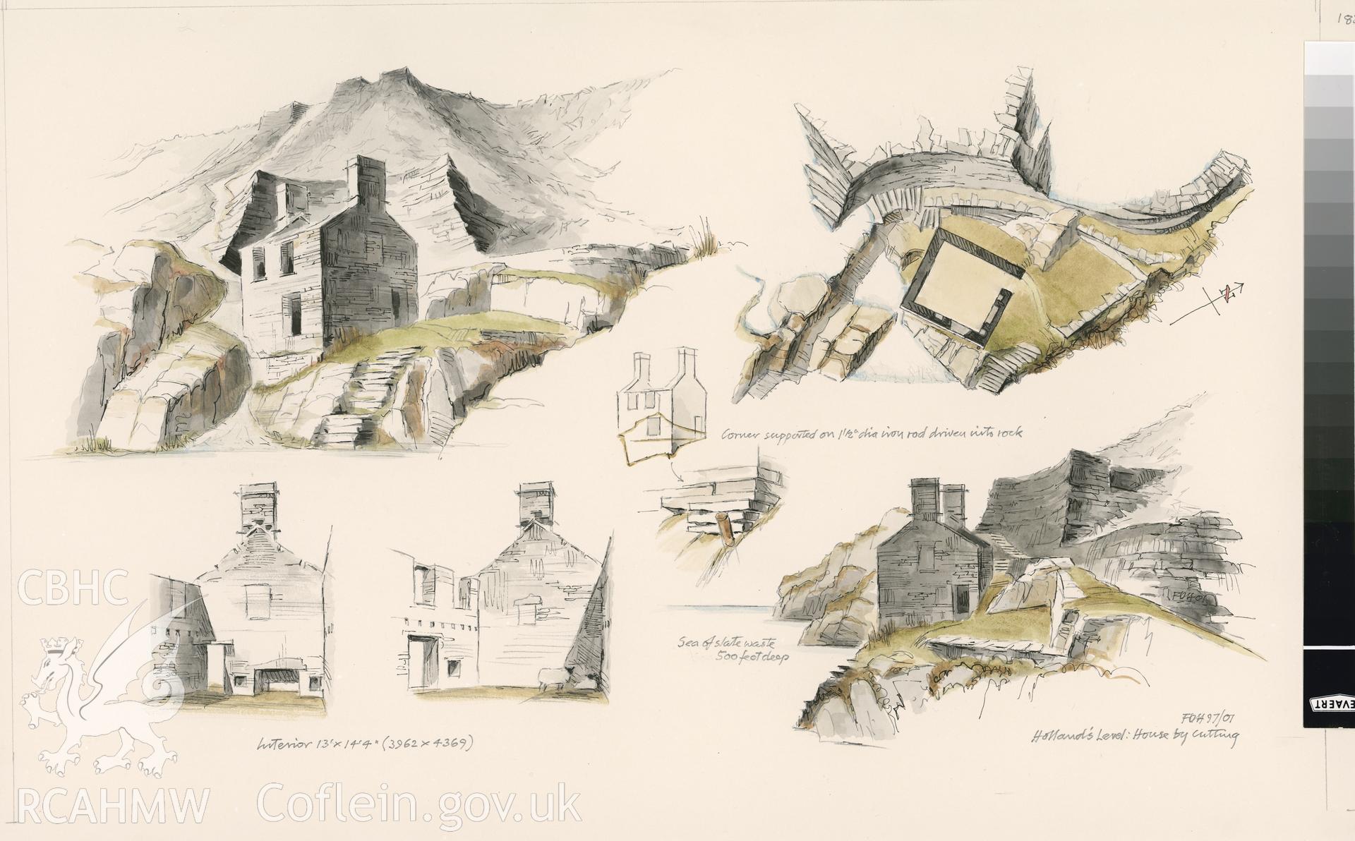 Holland's Level - 7 Views of House by Cutting: (pencil, ink and watercolour) drawing.