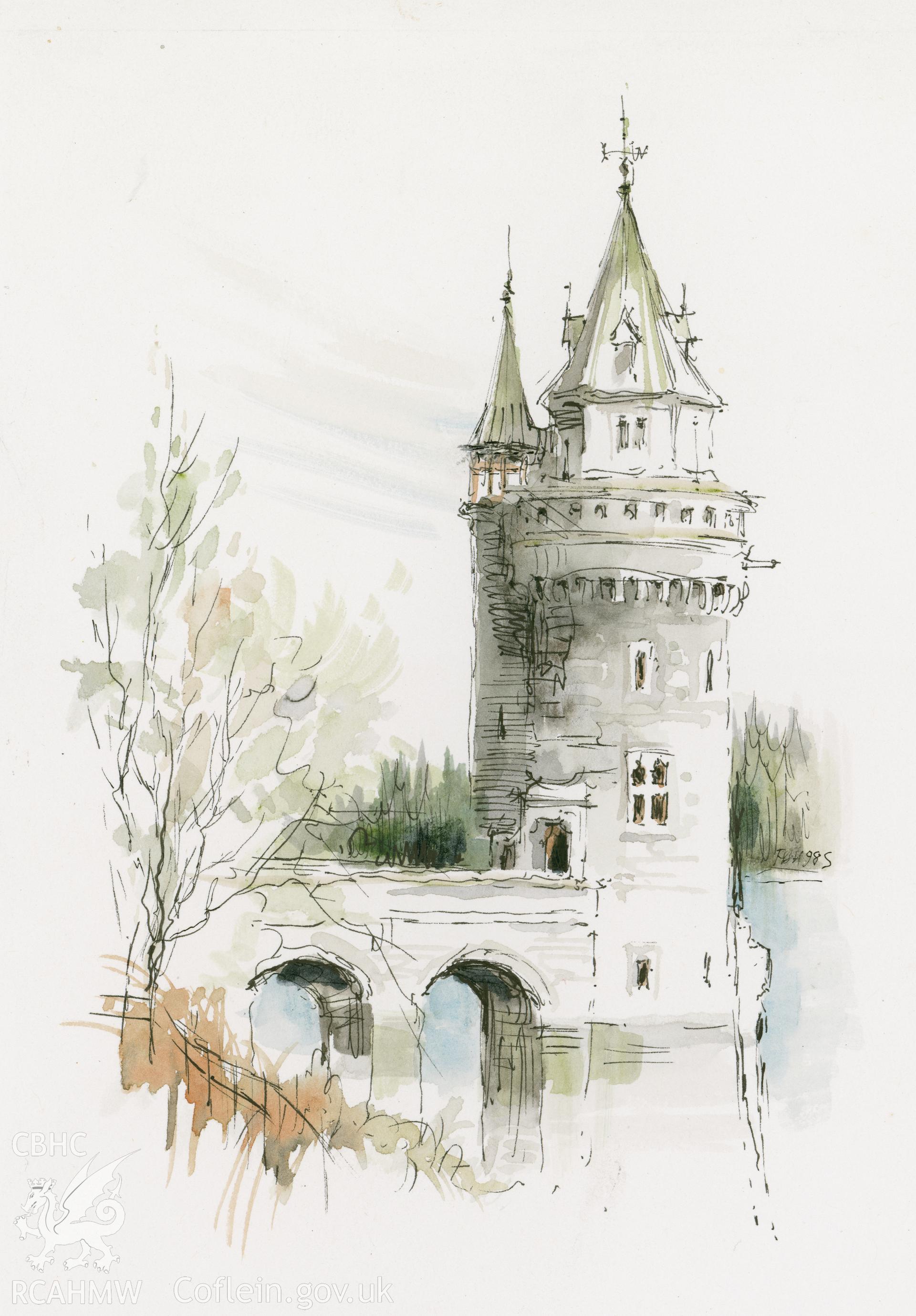 Vyrnwy Filtration Tower: (ink and watercolour) drawing.