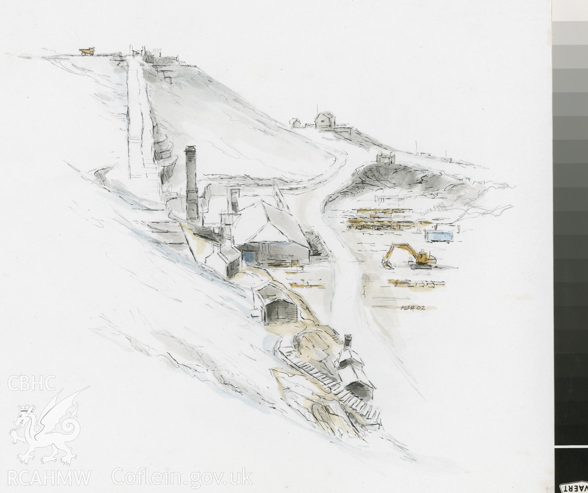 Holland's Level - Looking Down on Mill, towards buttressed incline: (pencil, ink and watercolour) drawing.