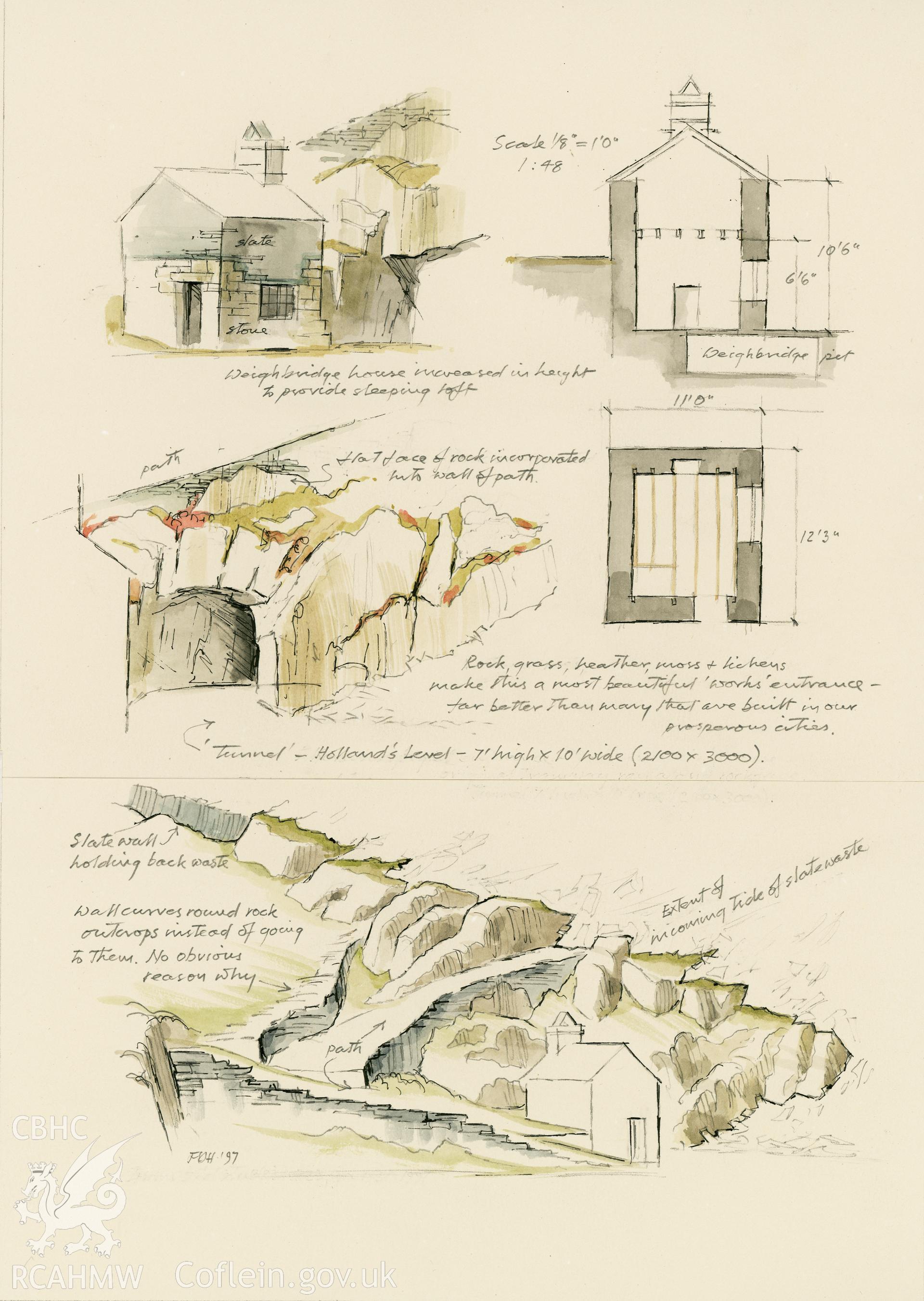 Holland's Level, showing weigh-house at entrance to level, pathway, and edge of tipping: (pencil, ink and watercolour) drawing.