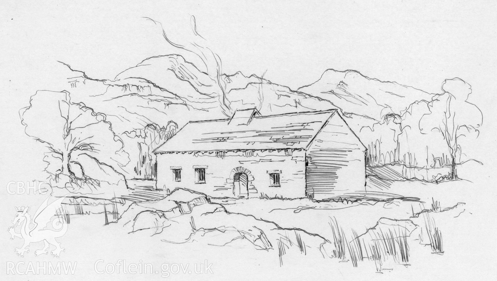 Margaret Dunn Series - Ty Mawr, Nantmor: (pencil) drawing showing original exterior.