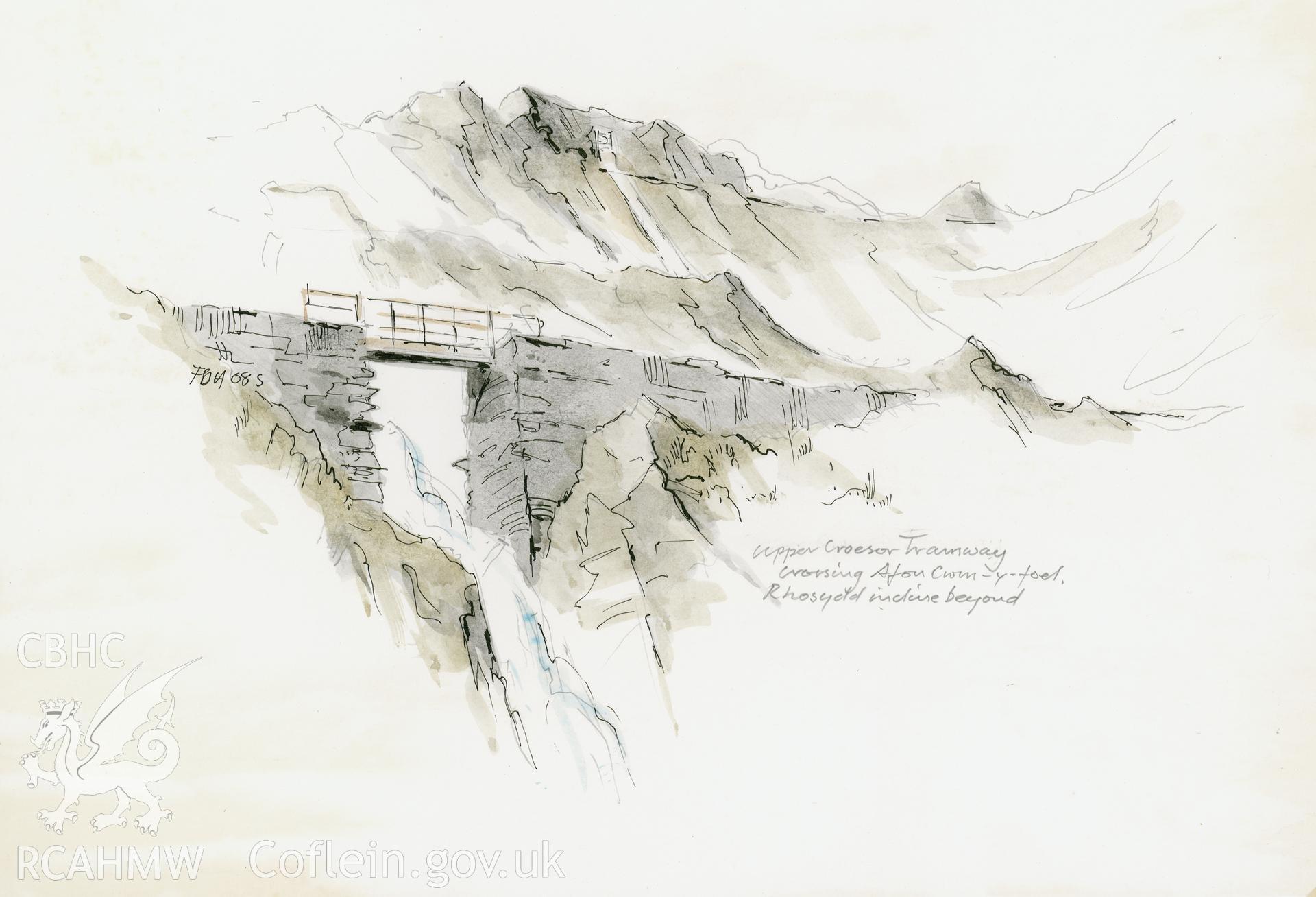 Croesor Tramway - Bridge across Waterfall: (pencil, ink and watercolour) drawing. Noted as part of the Hatherill Series: number 4 of 8.