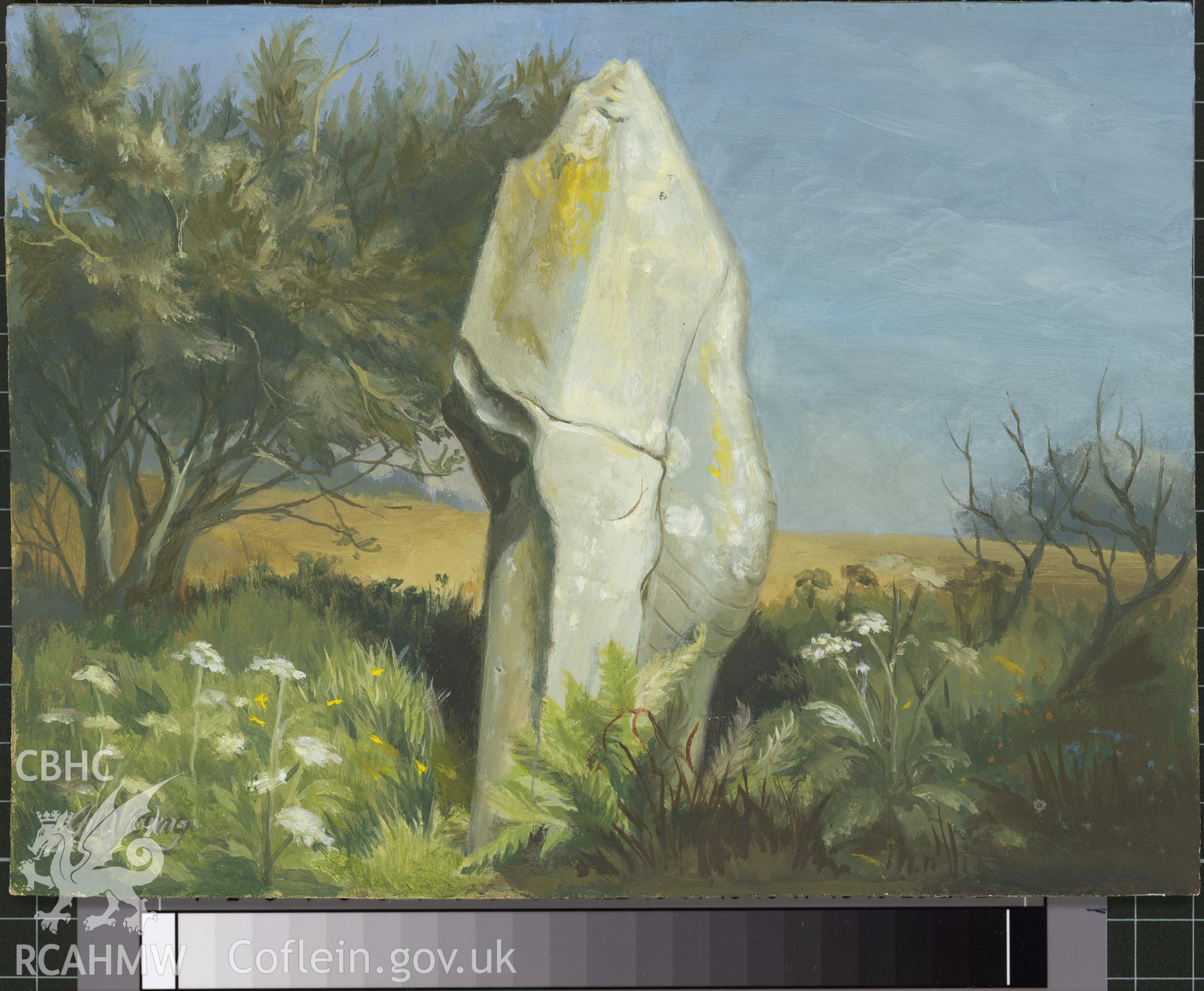 Digital copy of 5" x 8" oil painting of Maen Gwyn Hir, Llanfyrnach,  from an original painted by Mrs J.C. Young.