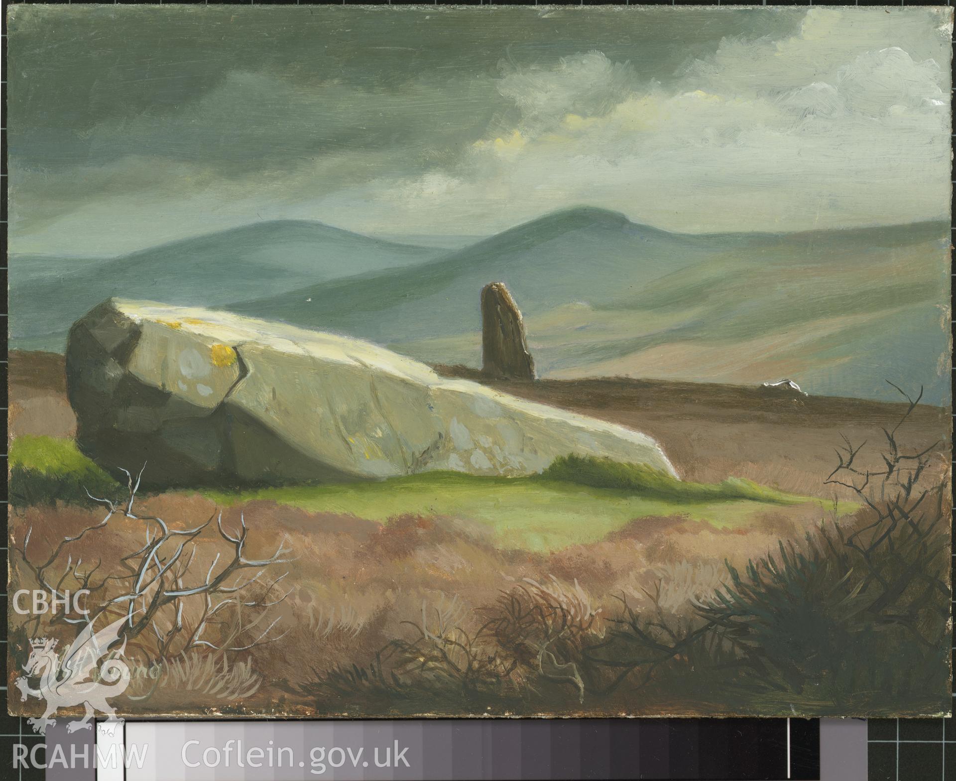 Digital copy of 5" x 8" oil painting of Waun Mawn Common Stones, Nevern, from an original painted by Mrs J.C. Young.