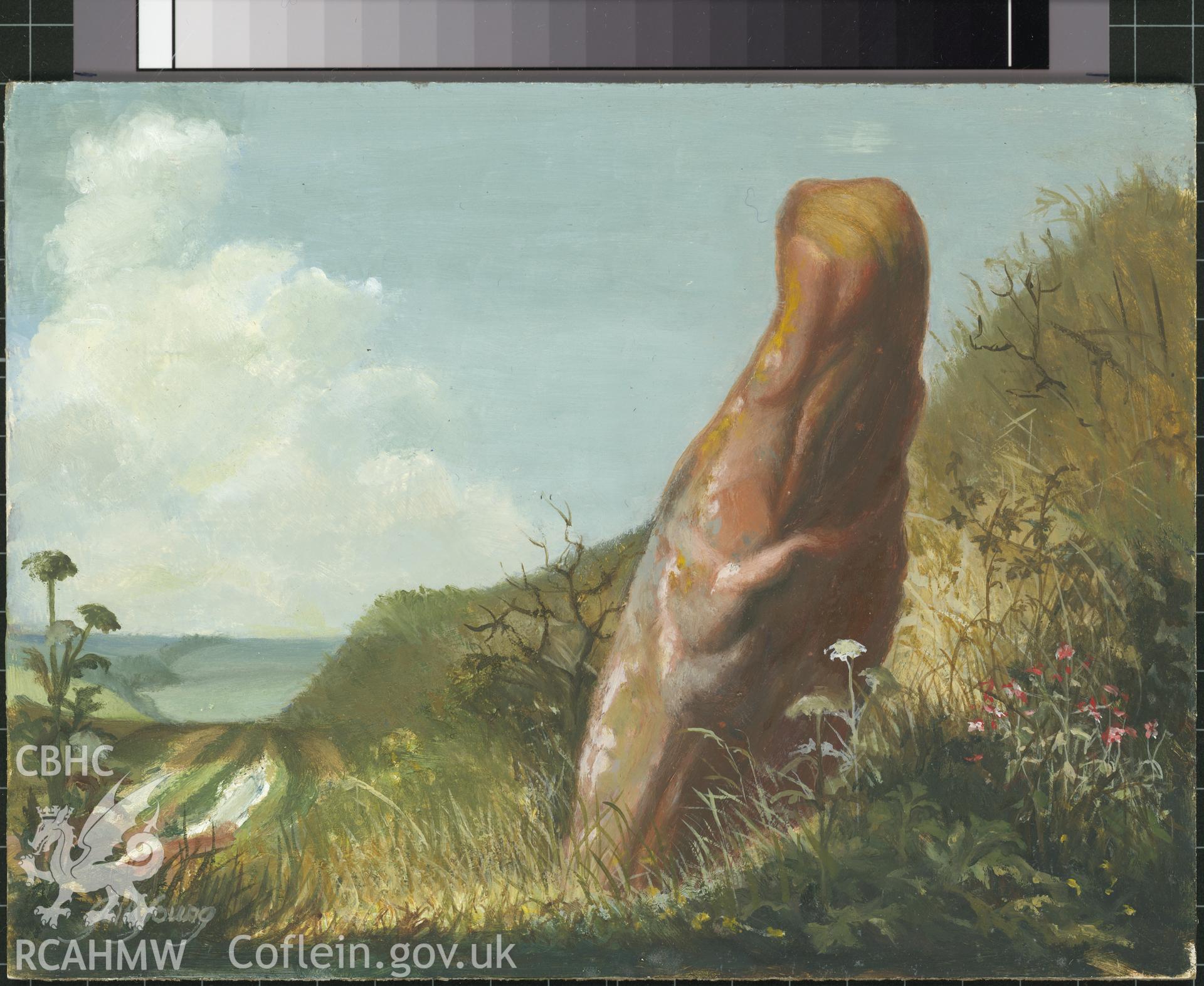 Digital copy of 5" x 8" oil painting of a standing stone, St Ishmaels,  from an original painted by Mrs J.C. Young.