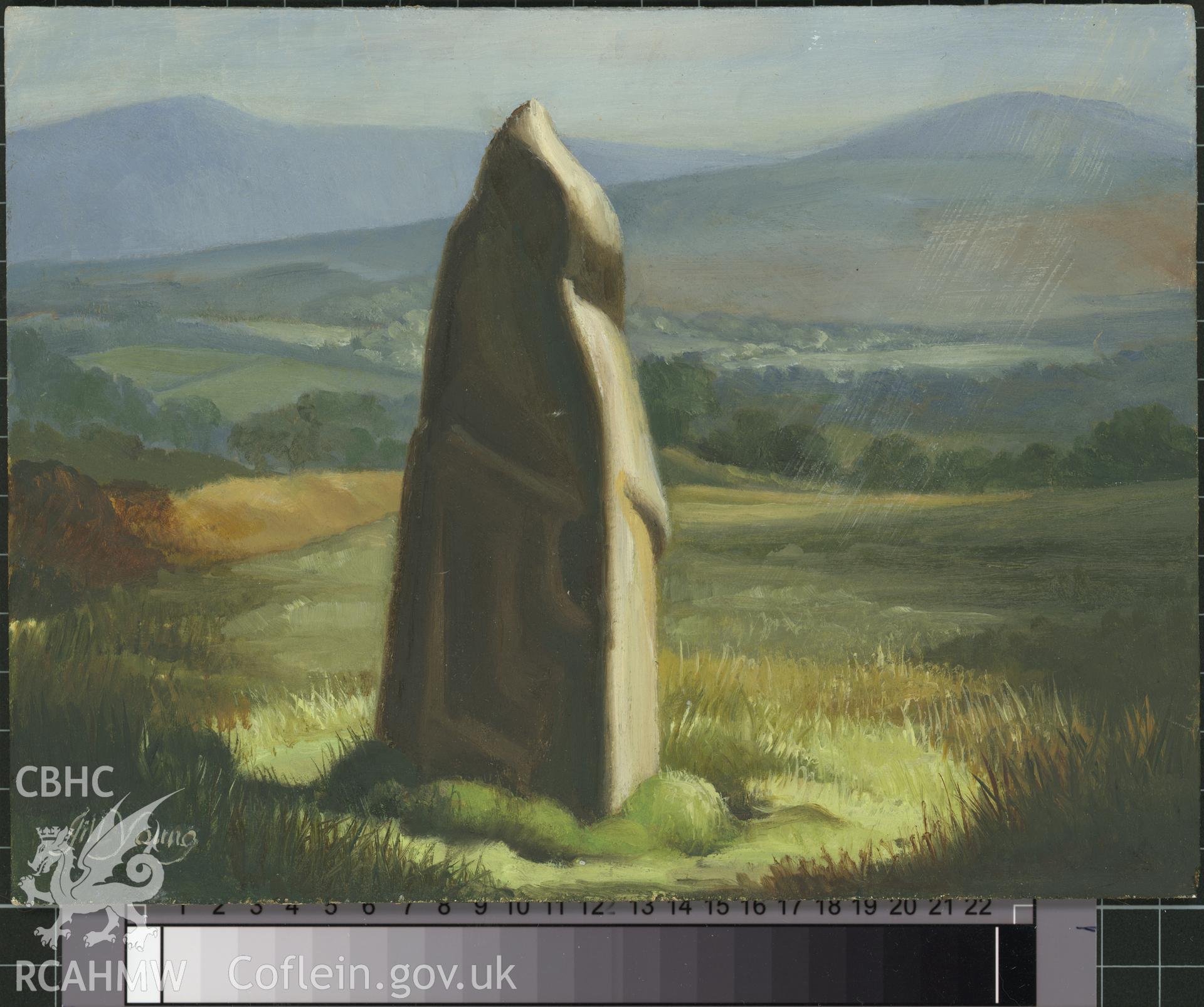 Digital copy of 5" x 8" oil painting of Pen Parke Stone, Nevern,  from an original painted by Mrs J.C. Young.