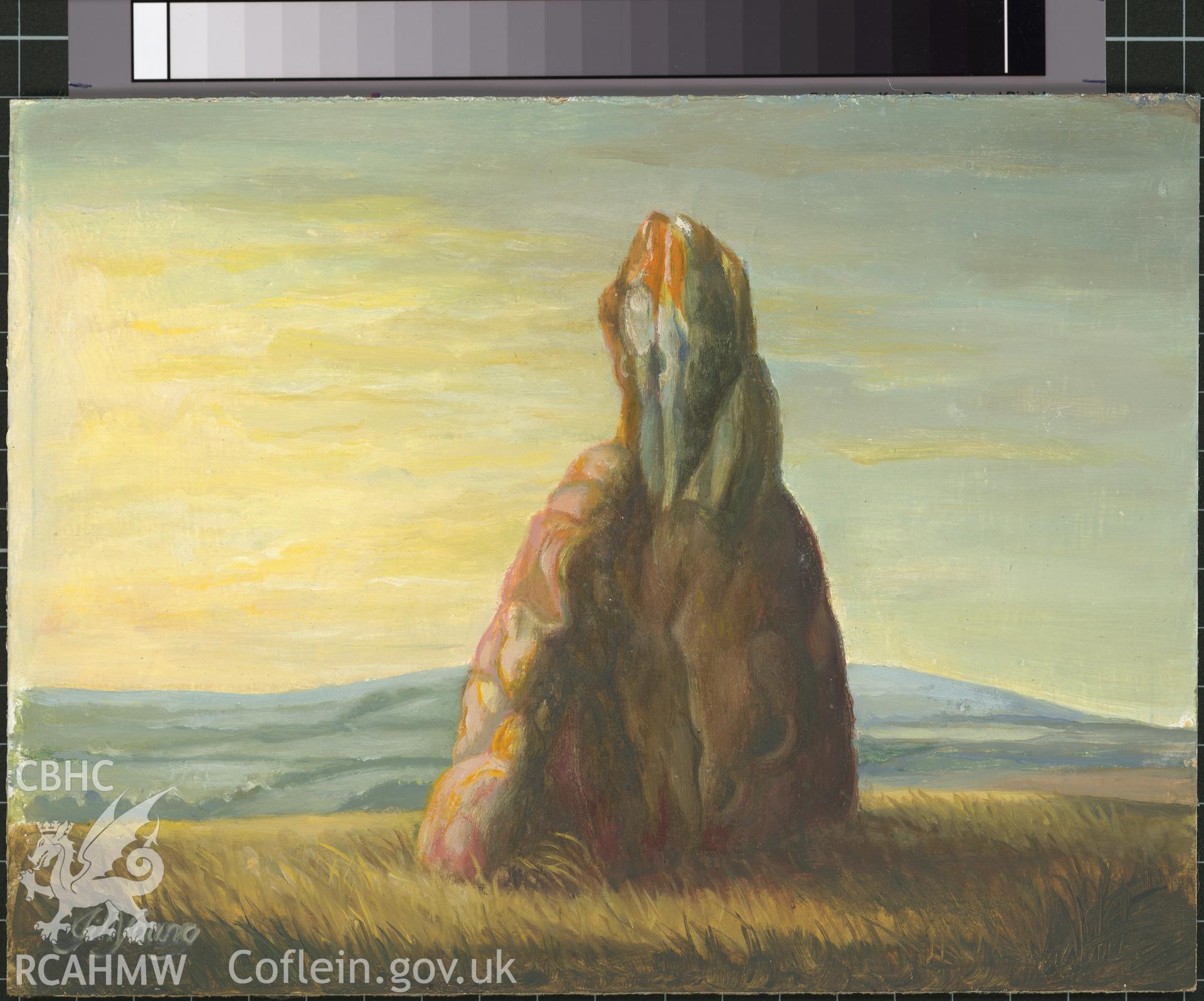 Digital copy of 5" x 8" oil painting of a standing stone, Hubberston,  from an original painted by Mrs J.C. Young.