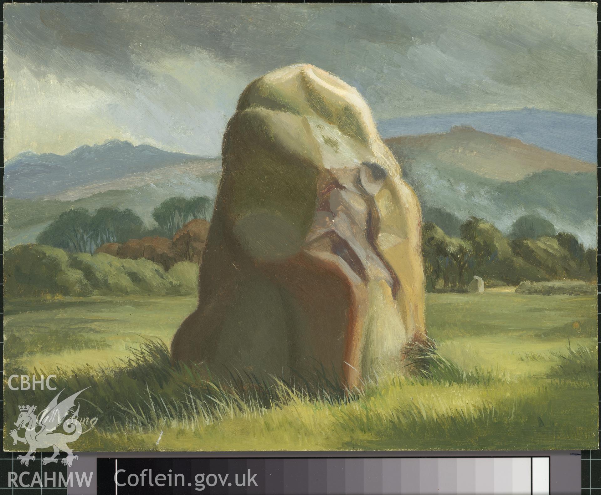 Digital copy of 5" x 8" oil painting of Y Garreg Hir, Newport, from an original painted by Mrs J.C. Young.