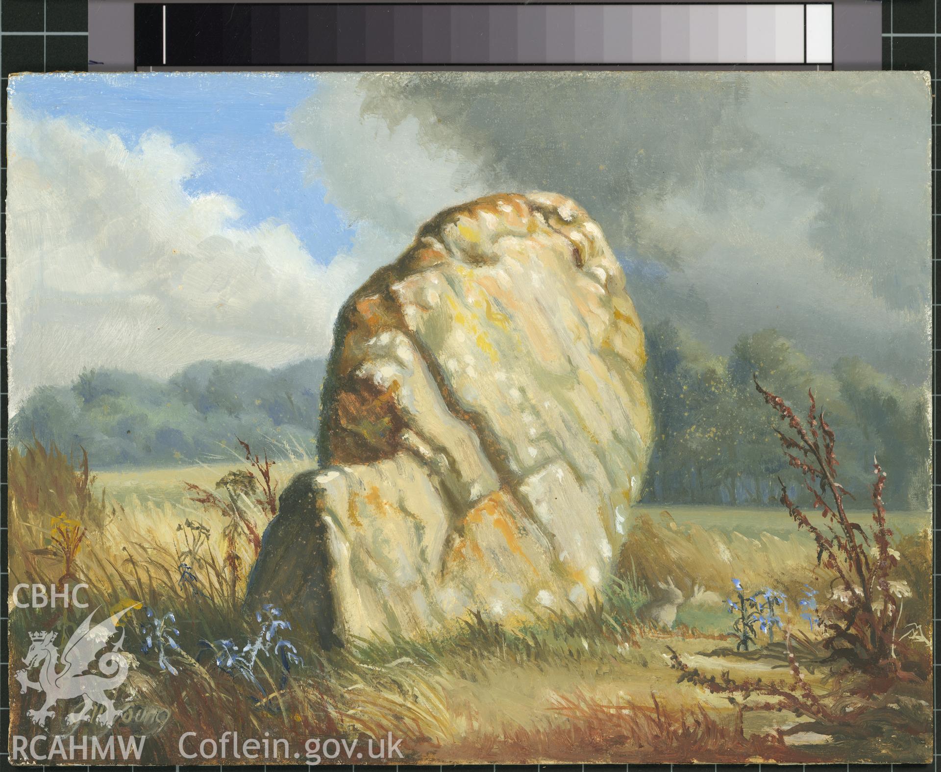 Digital copy of 5" x 8" oil painting of Devils Quoit, Stackpole Elidor, from an original painted by Mrs J.C. Young.