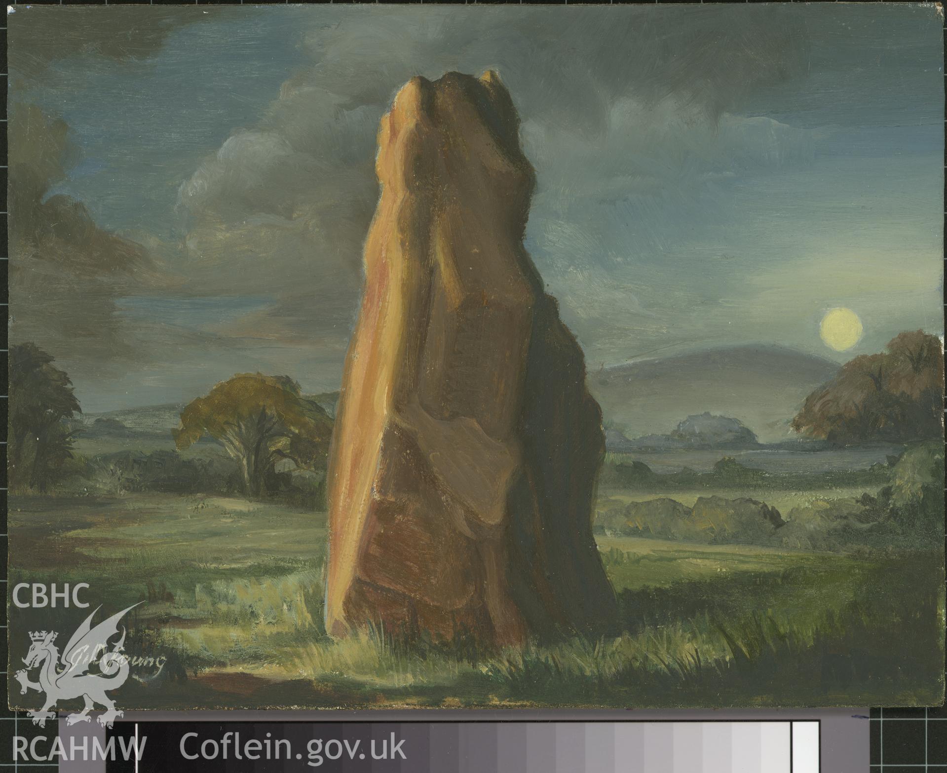 Digital copy of 5" x 8" oil painting of Lower Broadmoor Stone, St Dogwells,  from an original painted by Mrs J.C. Young.