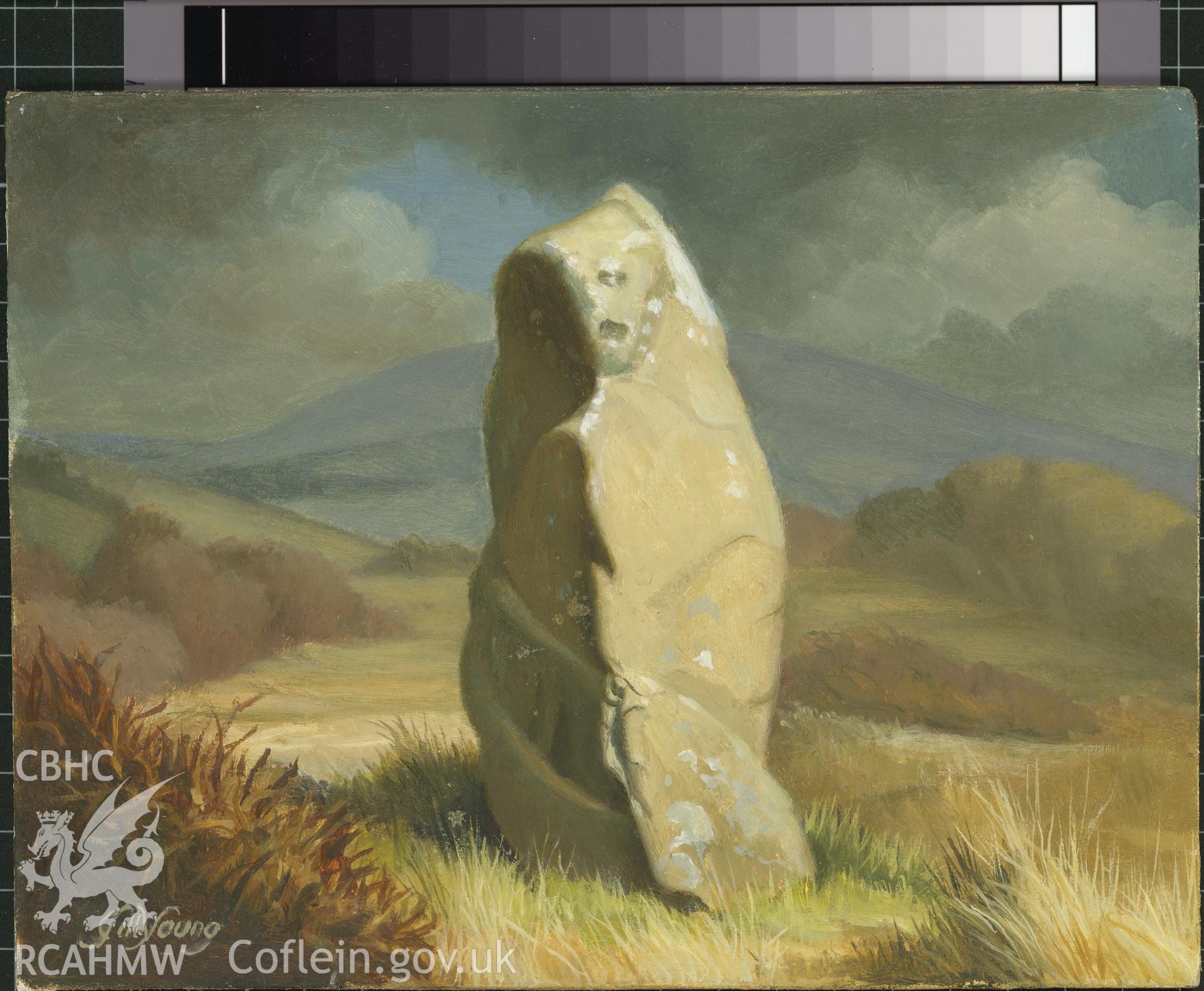 Digital copy of 5" x 8" oil painting of a standing stone, Puncheston, from an original painted by Mrs J.C. Young.