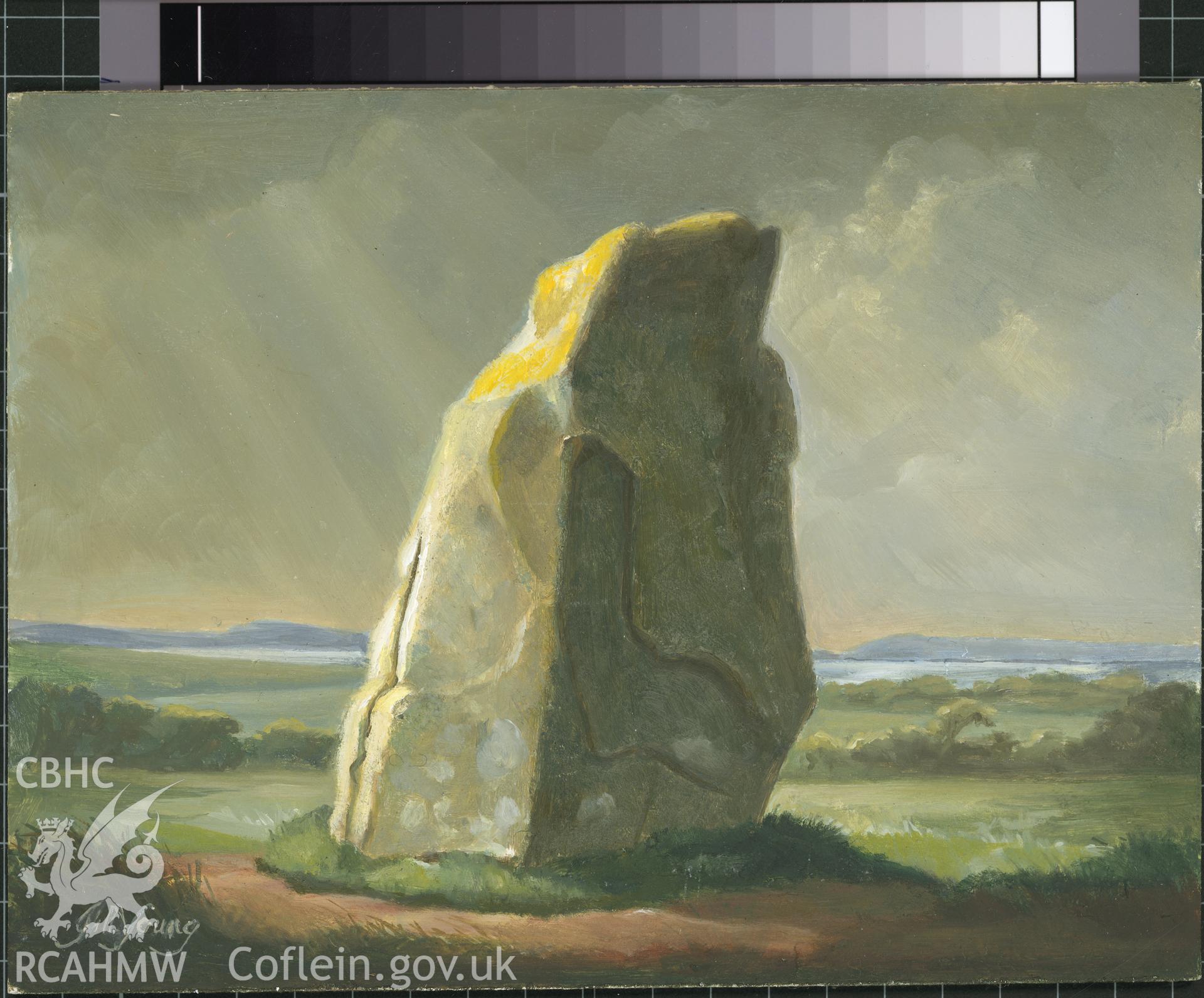 Digital copy of 5" x 8" oil painting of Trecanny standing stone, St Davids,  from an original painted by Mrs J.C. Young.