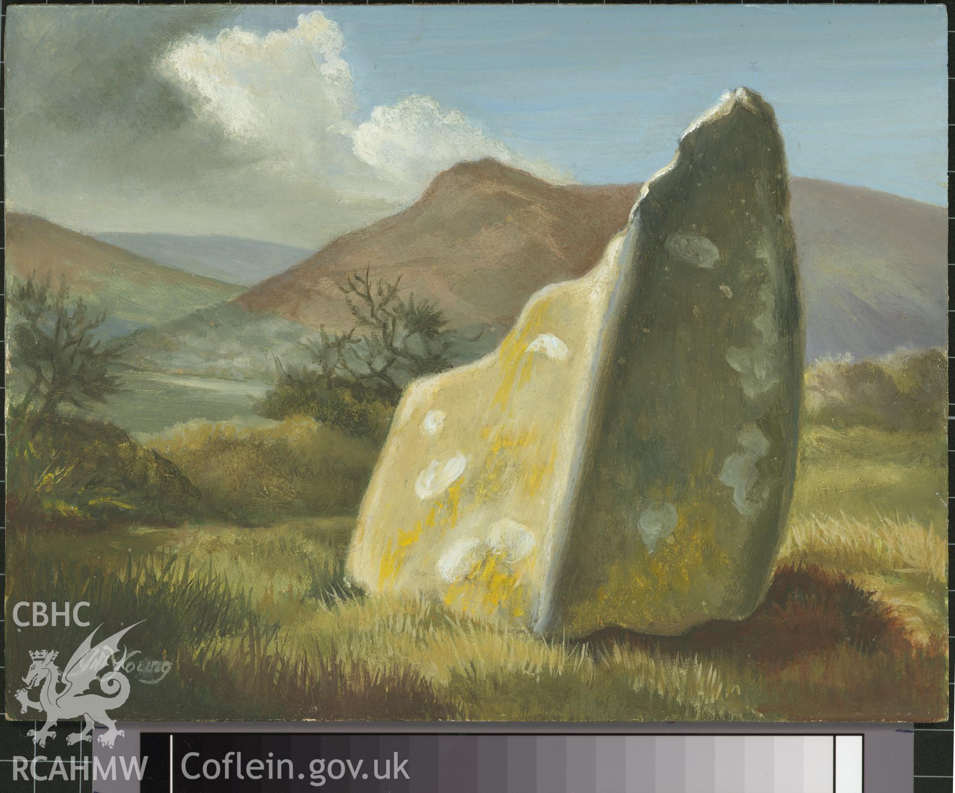 Digital copy of 5" x 8" oil painting of Trellyffaint standing stone, Nevern,  from an original painted by Mrs J.C. Young.