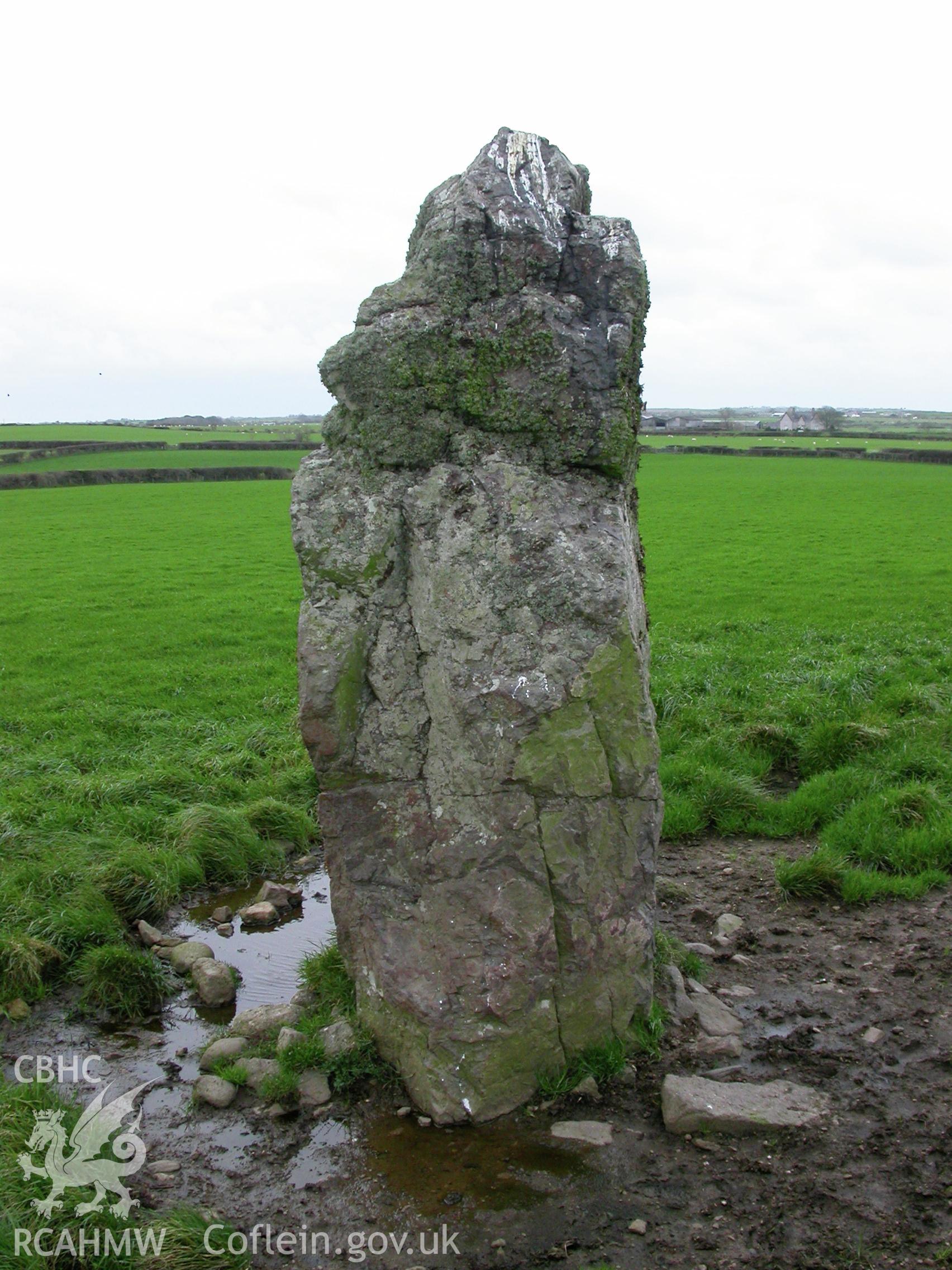 Llech Golman Standing Stone from East.