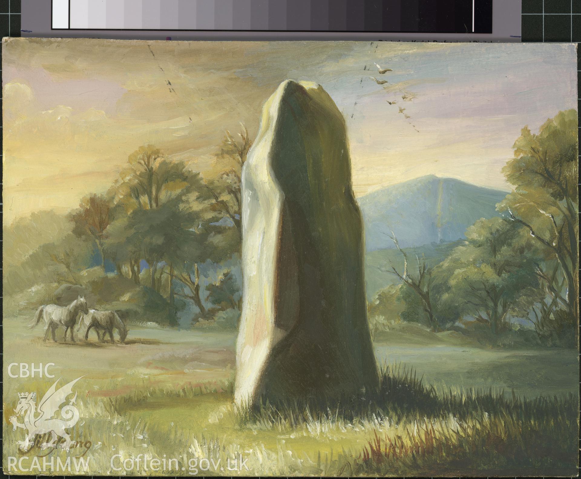 Digital copy of 5" x 8" oil painting of a standing stone, Llanfyrnach, from an original painted by Mrs J.C. Young.