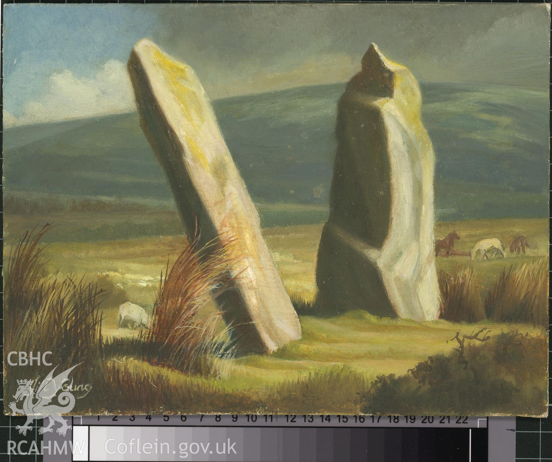 Digital copy of 5" x 8" oil painting of Cerrig Meibion Arthur Pair, Mynachlog Ddu,  from an original painted by Mrs J.C. Young.