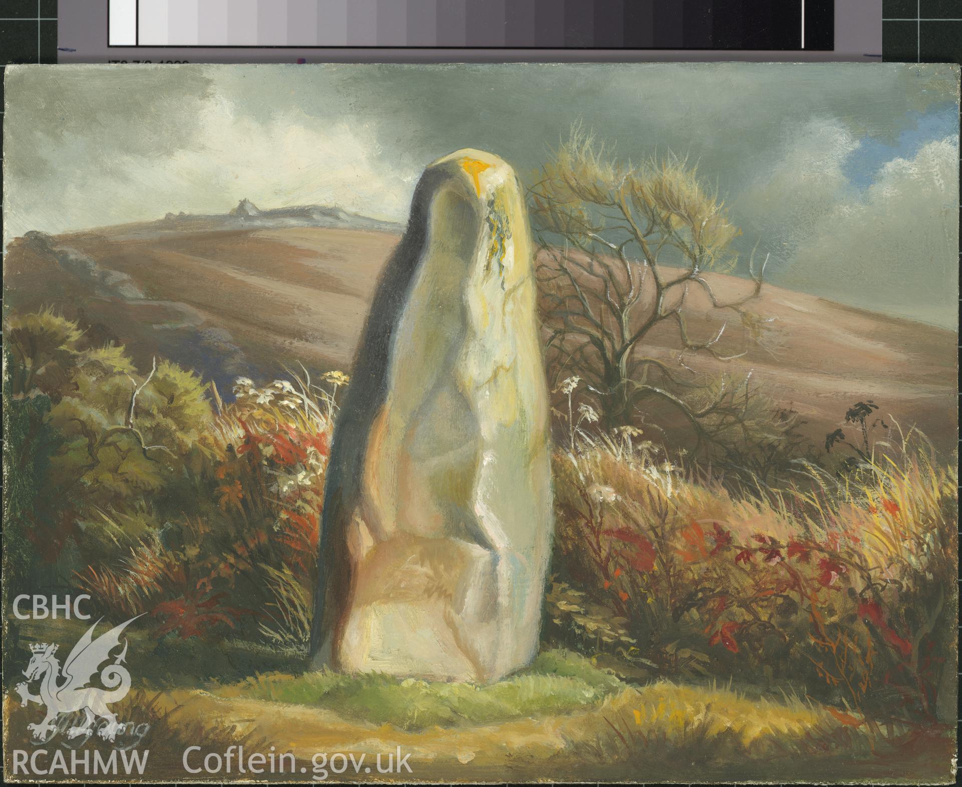 Digital copy of 5" x 8" oil painting of The Lady Stone, Fishguard South,from an original painted by Mrs J.C. Young.