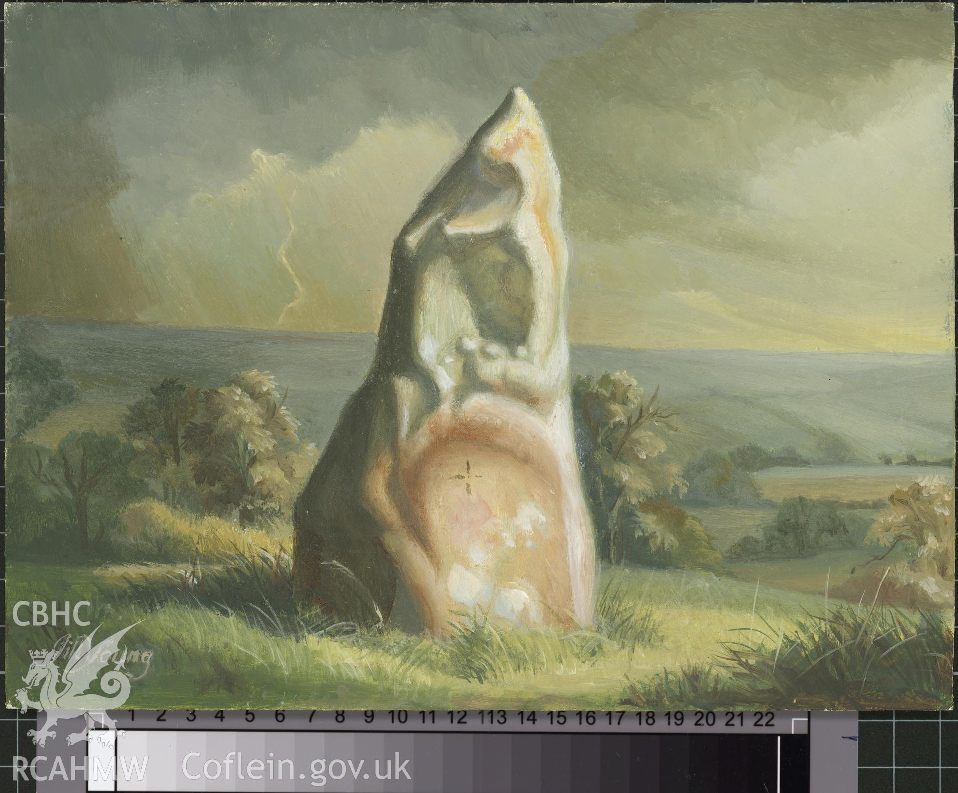 Digital copy of 5" x 8" oil painting of a standing stone, Llanfyrnach,  from an original painted by Mrs J.C. Young.