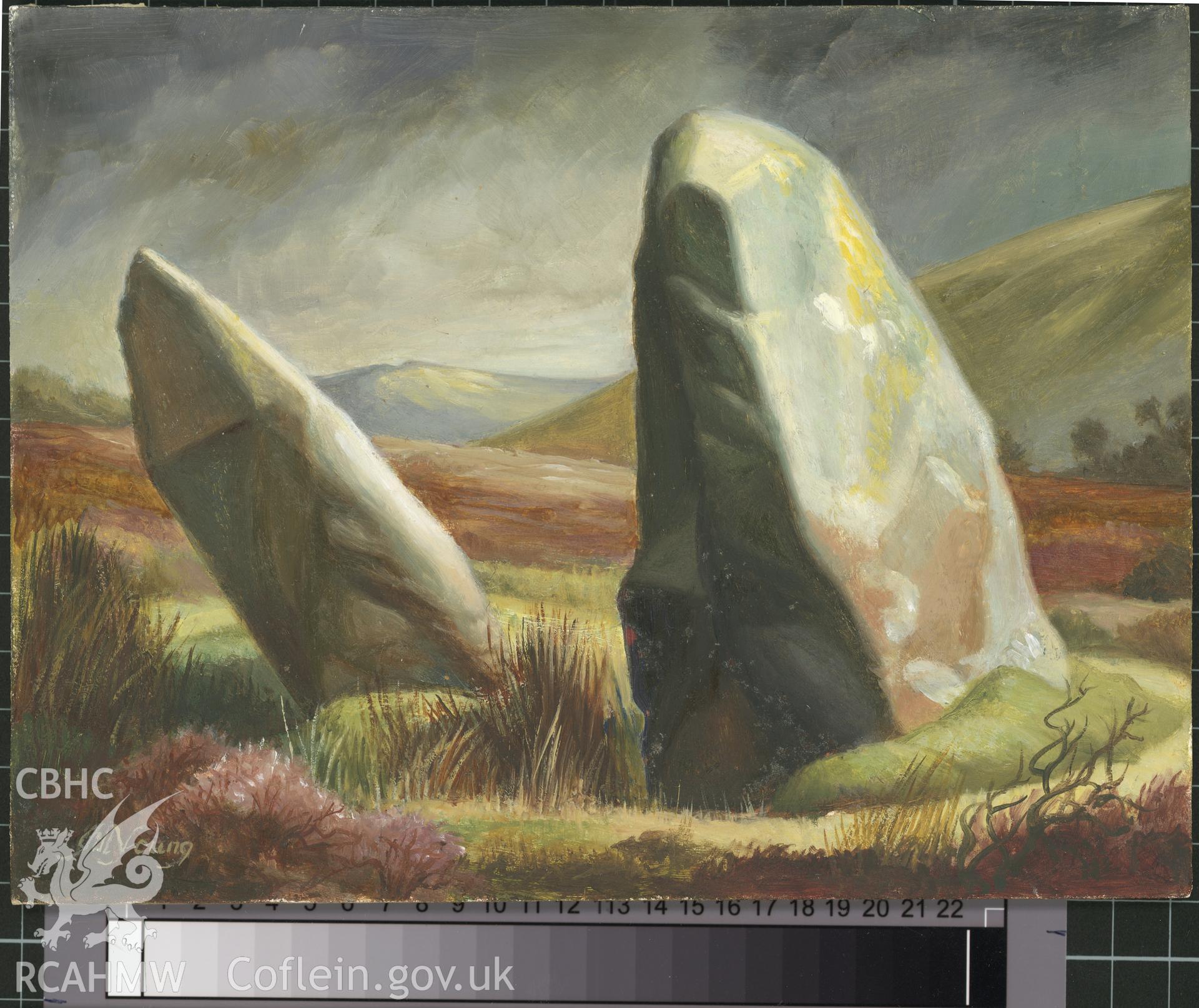 Digital copy of 5" x 8" oil painting of Tafarn-y-Bwlch Pair, Nevern, from an original painted by Mrs J.C. Young.