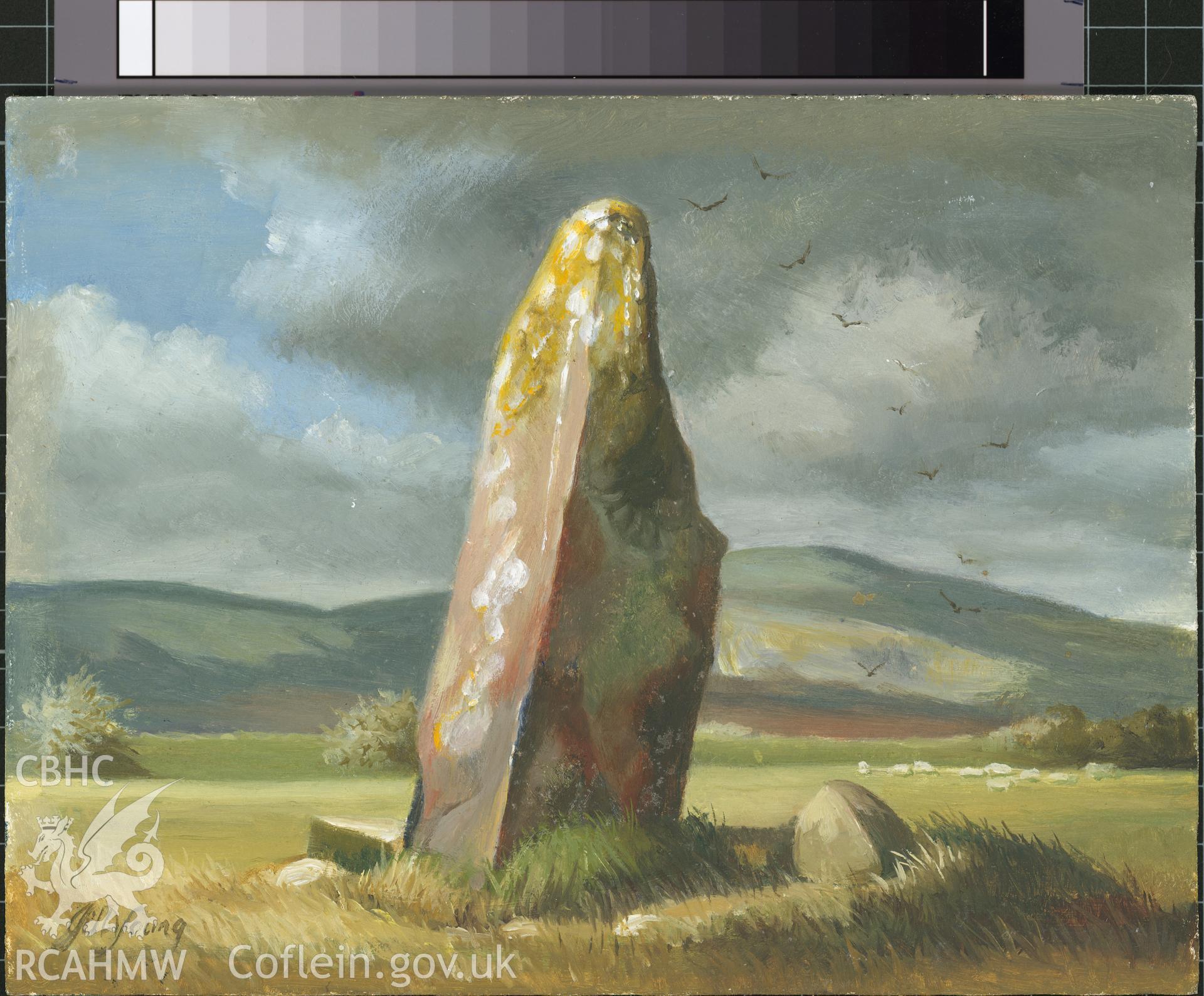 Digital copy of 5" x 8" oil painting of Parc y Tywood Standing Stone, Maenclochog,  from an original painted by Mrs J.C. Young.