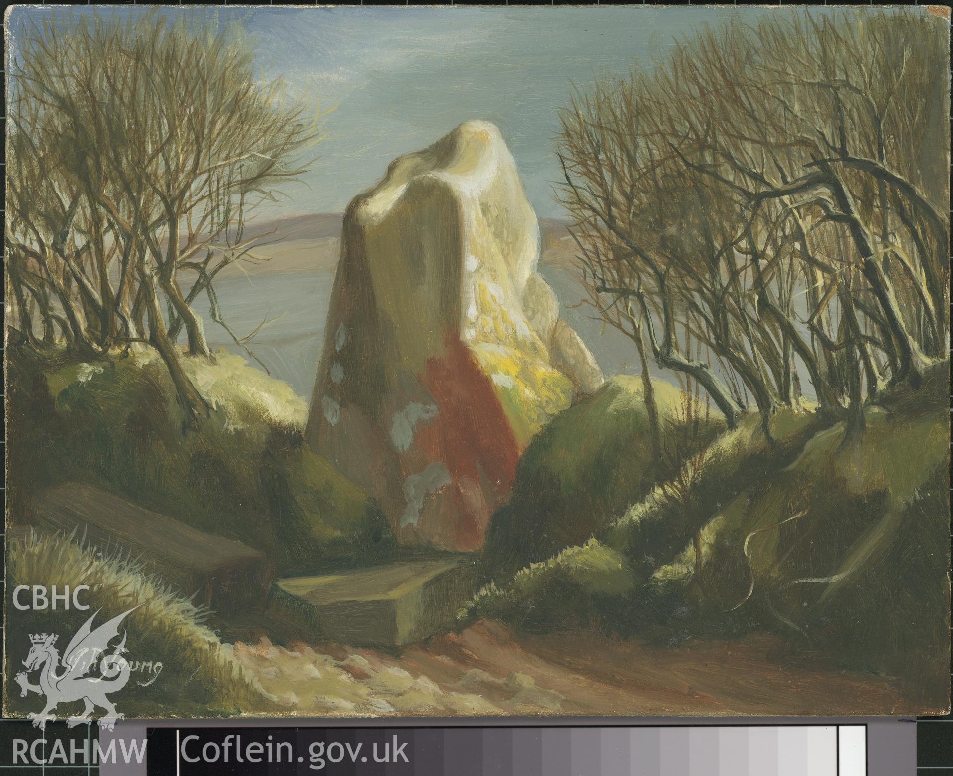 Digital copy of 5" x 8" oil painting of Carreg Coitan Arthur, Puncheston,  from an original painted by Mrs J.C. Young.