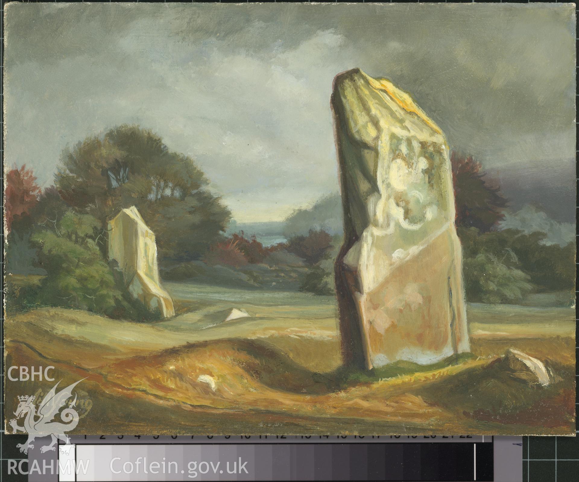 Digital copy of 5" x 8" oil painting of Gors Fawr Standing Stones and Circle, Mynachlog Ddu,  from an original painted by Mrs J.C. Young.