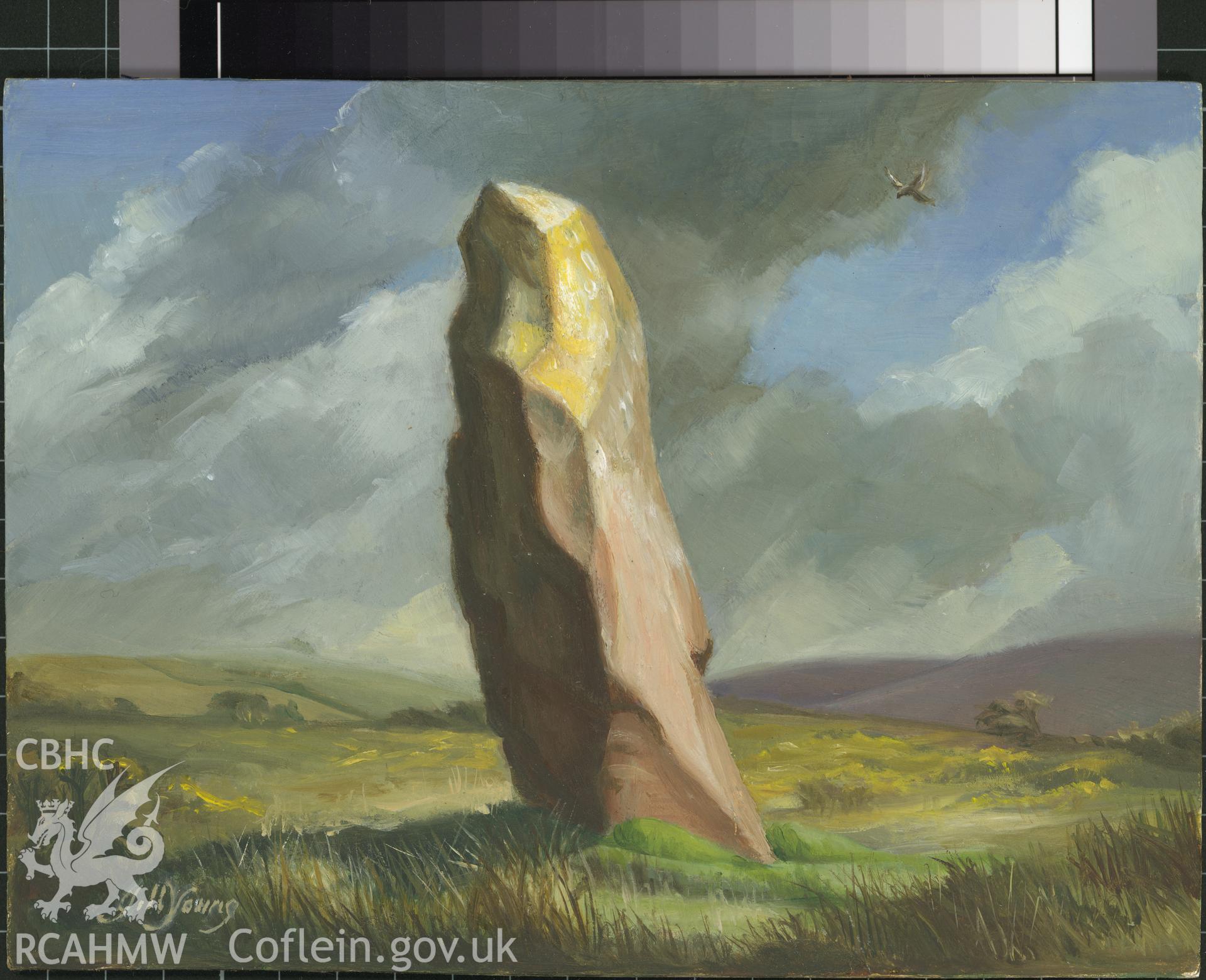 Digital copy of 5" x 8" oil painting of a standing stone, Puncheston, from an original painted by Mrs J.C. Young.