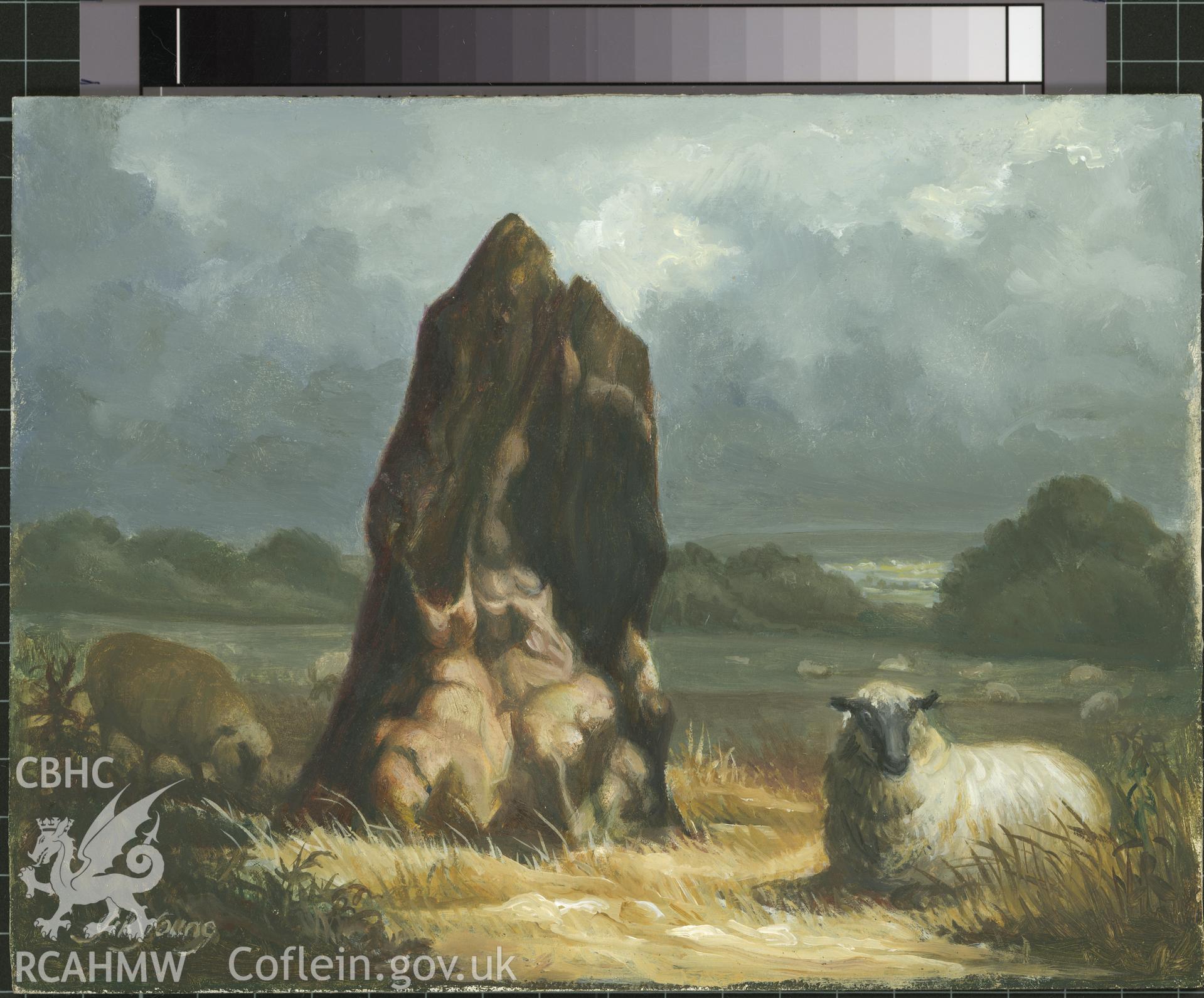 Digital copy of 5" x 8" oil painting of Trehale standing stone, St Edrins,  from an original painted by Mrs J.C. Young.