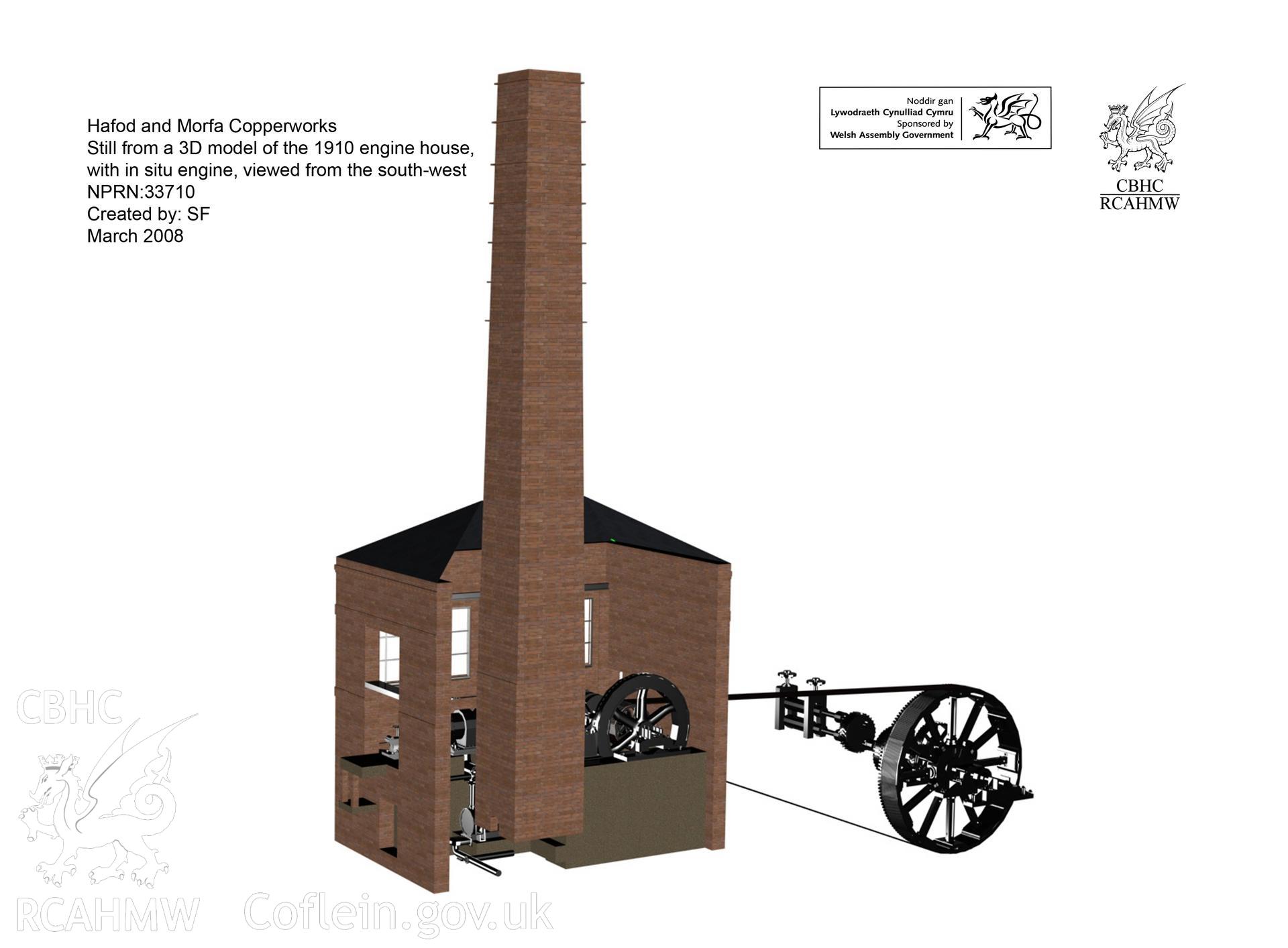 Still from the rendered 3D Studio Max model showing the engine house and in situ engine from the south-west, from a RCAHMW survey of Hafod and Morfa Copperworks, Swansea, carried out by Susan Fielding, 03/2008.