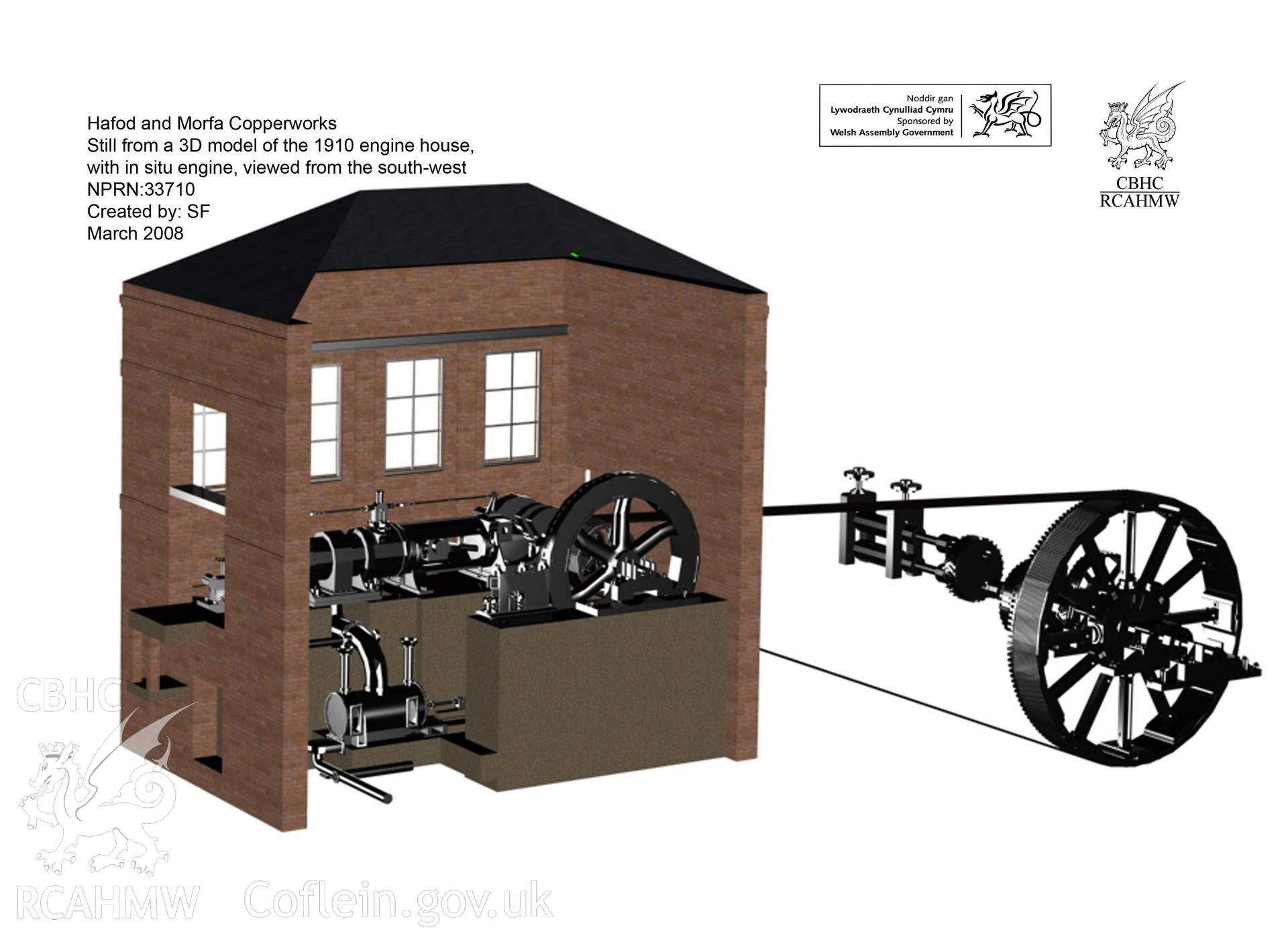 Still from the rendered 3D Studio Max model showing the engine house and in situ engine from the south-west, with the chimney removed, from a RCAHMW survey of Hafod and Morfa Copperworks, Swansea, carried out by Susan Fielding, 03/2008.