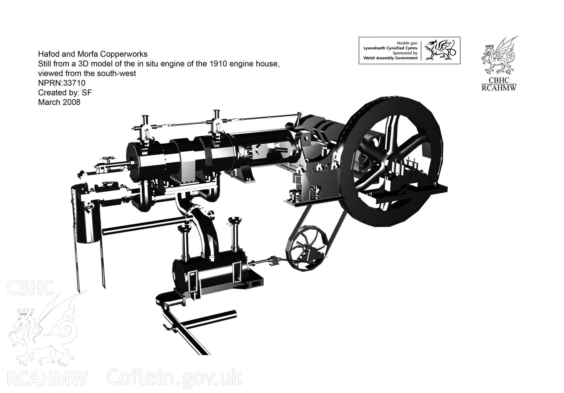 Still from the rendered 3D Studio Max model showing the in situ engine from the south-west, from a RCAHMW survey of Hafod and Morfa Copperworks, Swansea, carried out by Susan Fielding, 03/2008.