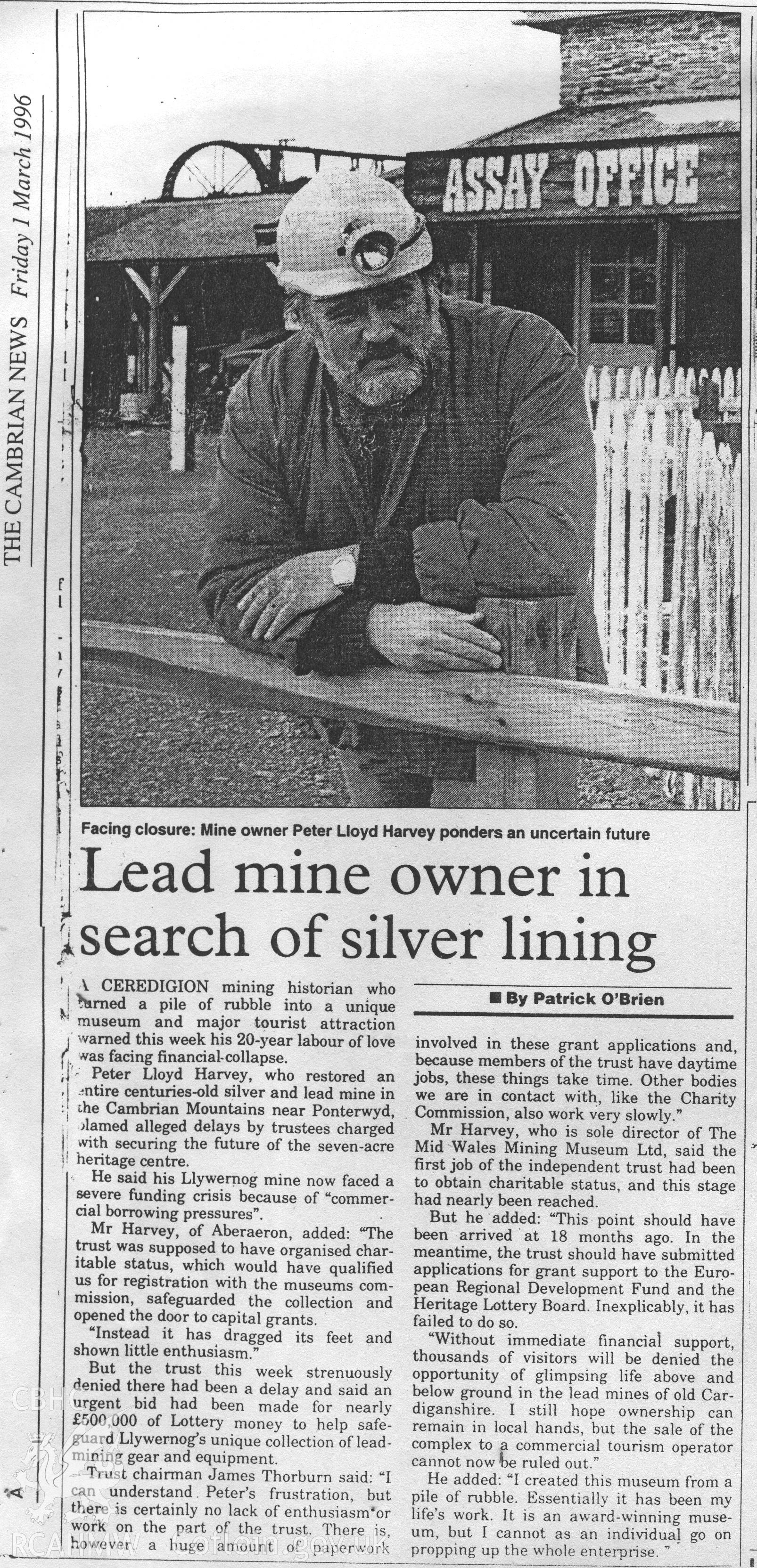 Newspaper cutting from The Cambrian News about financial issues faced by the owner of Llywernog mine.