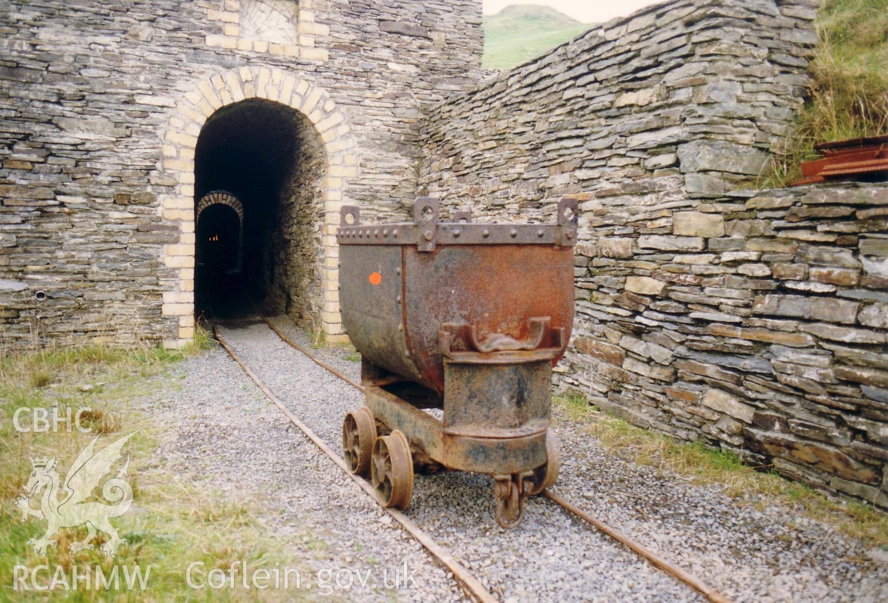 Digital colour photograph showing a disused mining cart at Llywernog mine.