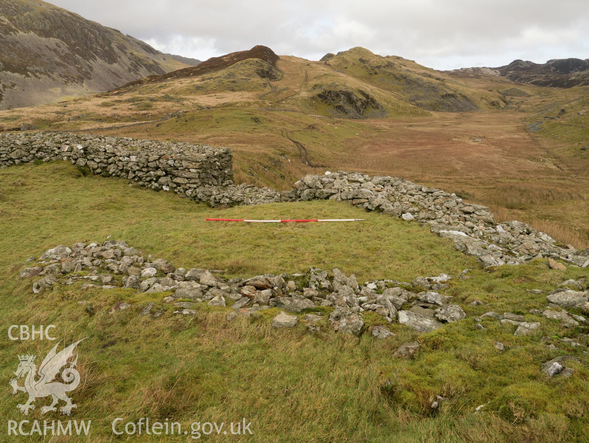 view looking N of level area on NE side of hillfort.