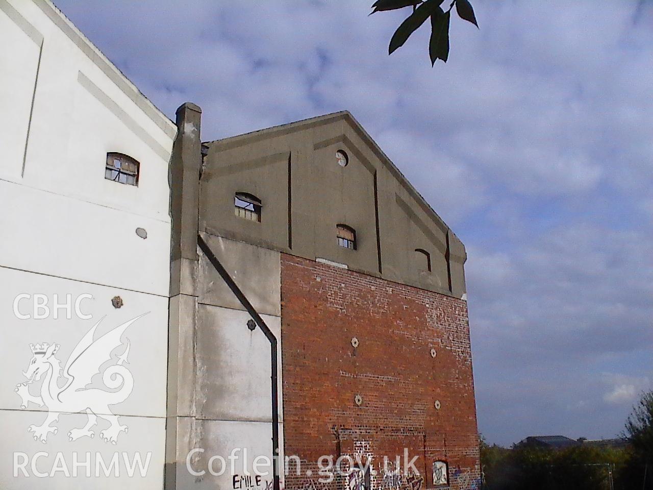 Colour digital photograph showing part of the exterior of the Malt House, East Dock Road, Newport.  The photograph was taken after the Malt House was severely damaged by fire.